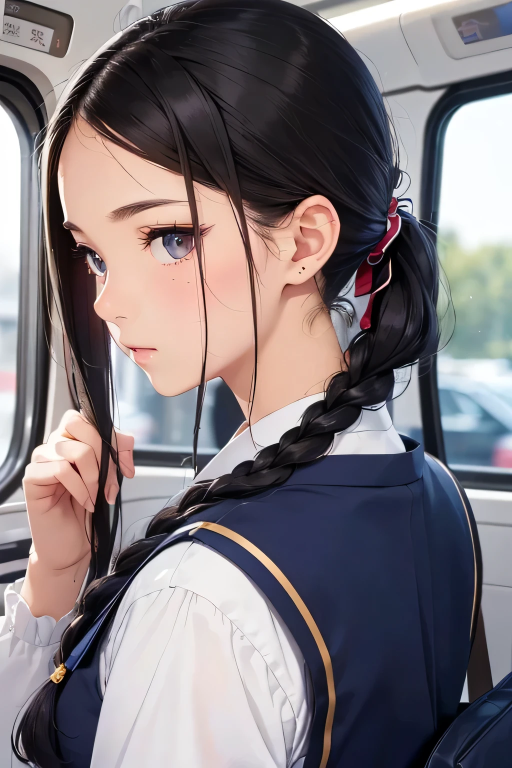 highest quality、High resolution、Detailed Background、(Beautiful face in every detail:1.4)、Anatomically correct、(Draw the usual number of fingers:1.2)、(Detailed facial expressions)、(Detailed eyes:1.2)、(Detailed eyes:1.2)、Beautiful, smooth skin、Teenage beauty、(Highly detailed face:1.4)、cute hair color、ponytail、Bobcut、Braided long hair、Wavy Hairstyle、well-groomed eyebrows、Perfect body line、In a crowded train、Navy blue sailor suit、White sailor collar、Checkered Pleated Skirt、White knee-high socks、(A cute beautiful girl commuting to school by train looking out the window:1.5)、Super close-up of a sexy nape from directly behind、Close-up of the nape from directly behind、cute