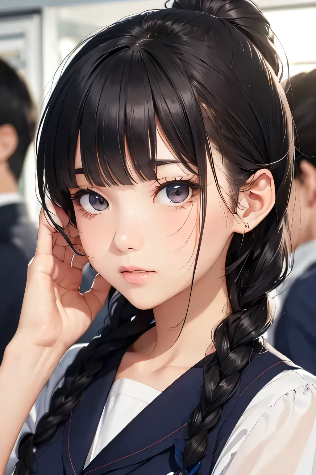 highest quality、High resolution、Detailed Background、(Beautiful face in every detail:1.4)、Anatomically correct、(Draw the usual number of fingers:1.2)、(Detailed facial expressions)、(Detailed eyes:1.2)、(Detailed eyes:1.2)、Beautiful, smooth skin、age beauty、(Highly detailed face:1.4)、cute hair color、ponytail、Bobcut、Braided long hair、Wavy Hairstyle、well-groomed eyebrows、Perfect body line、In a crowded train、Navy blue sailor suit、White sailor collar、Checkered Pleated Skirt、White knee-high socks、(A cute beautiful girl commuting to school by train looking out the window:1.5)、Super close-up of a sexy nape from directly behind、Close-up of the nape from directly behind、cute