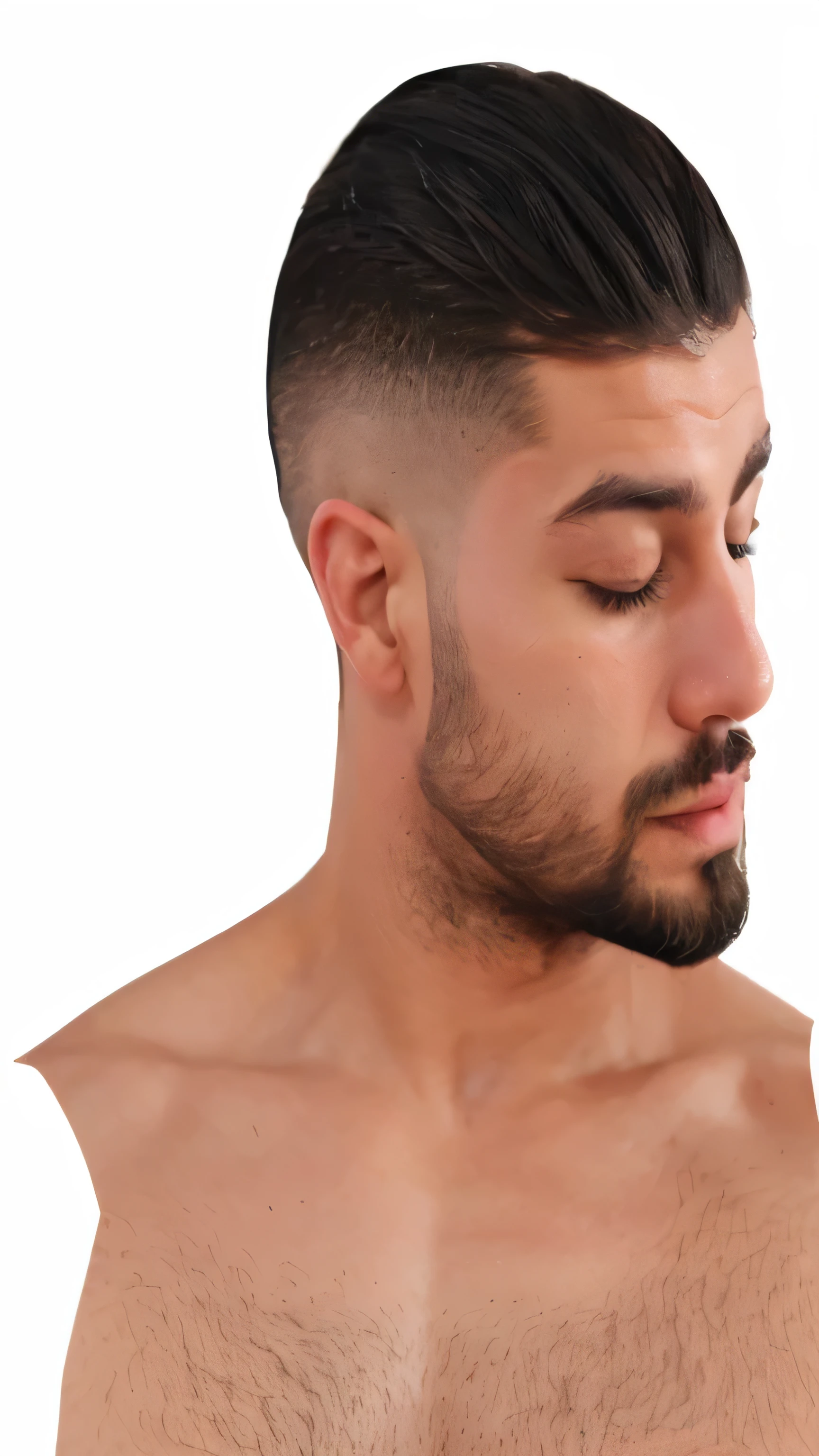 Man looking on side, wearing black t shirt, with closed eyes and clean beard.. he has muscles