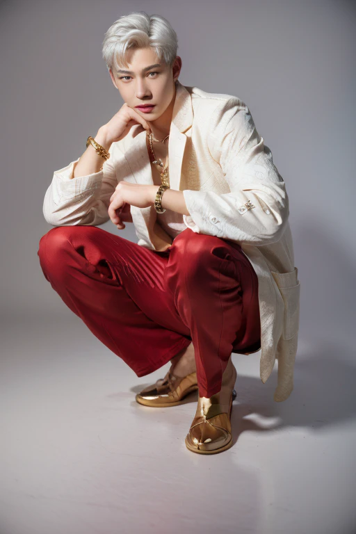 Handsome merman man, white hair, red fish tail, sea bottom, 18 years old, full body with gold necklace and gold bracelets, long hair ,ultra details , epic realism