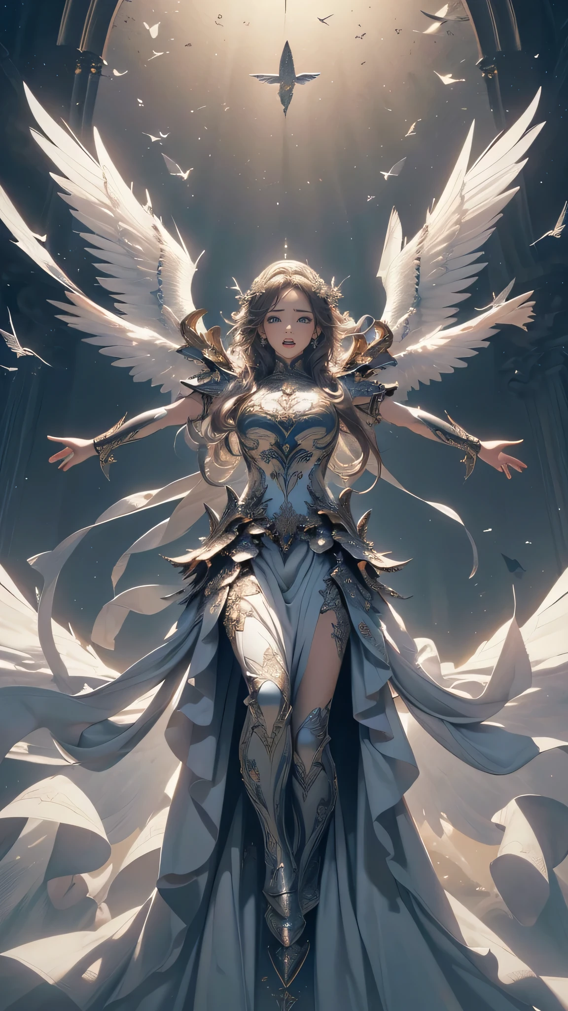 full body,from below,angel armor,(Spread your arms and fly down from the sky:1.5),(random hairstyle),(Highest image quality,(8k),ultra-realistic,best quality, high quality, high definition, high quality texture,high detail,beautiful detailed,fine detailed,extremely detailed cg,detailed texture,a realistic representation of the face,masterpiece,Sense of presence)