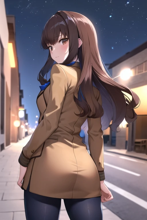 masterpiece, best quality, highres, hmkh1, blue bowtie, blue bow, brown skirt, brown jacket, black pantyhose, , cowboy shot, street, standing, night,  ass,ass focus, looking back,