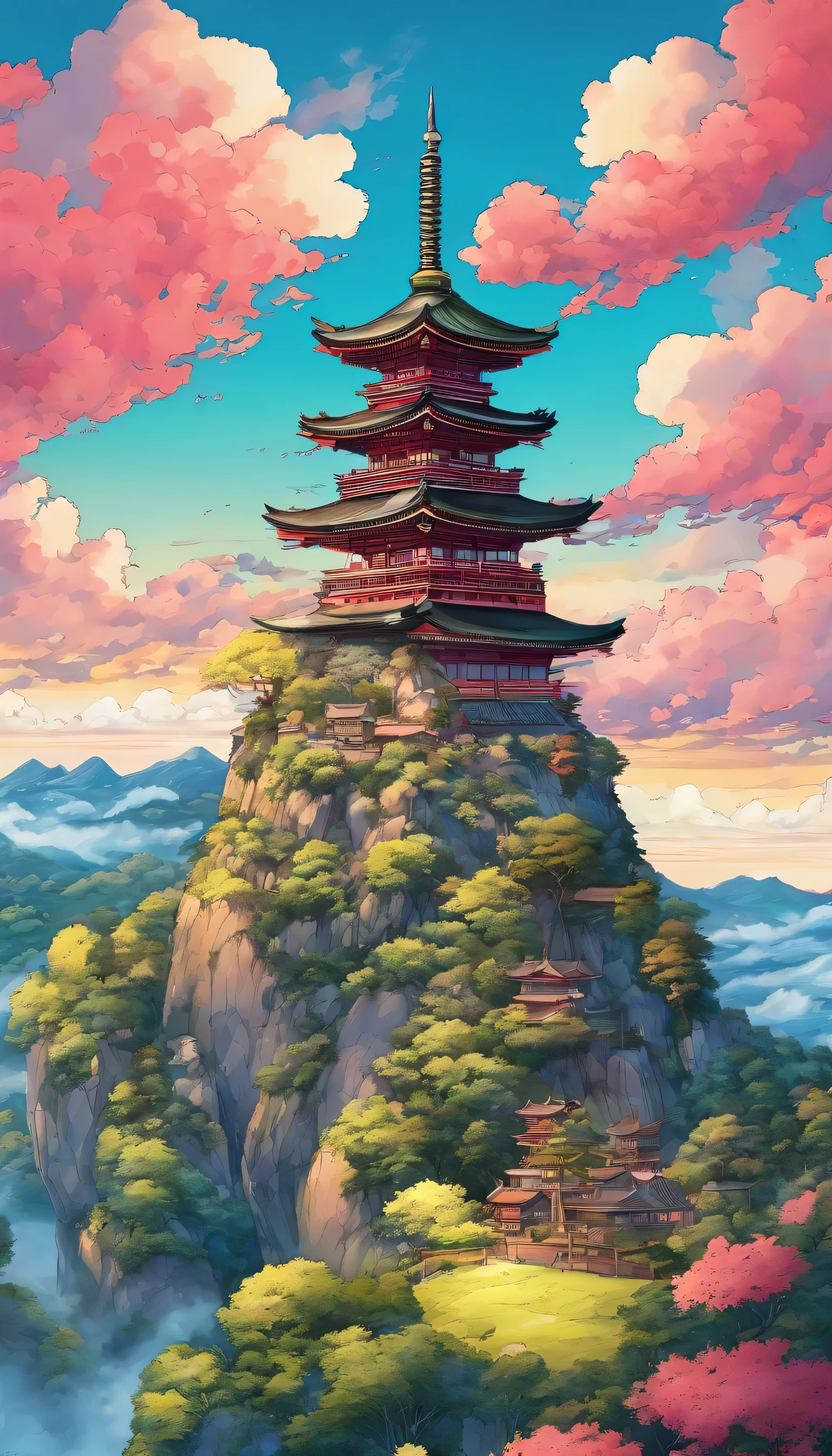 Giant flying rock in mid air with houses and forests on top of the rock, just like in japanese manga, brilliant colours, sunset sky, clouds