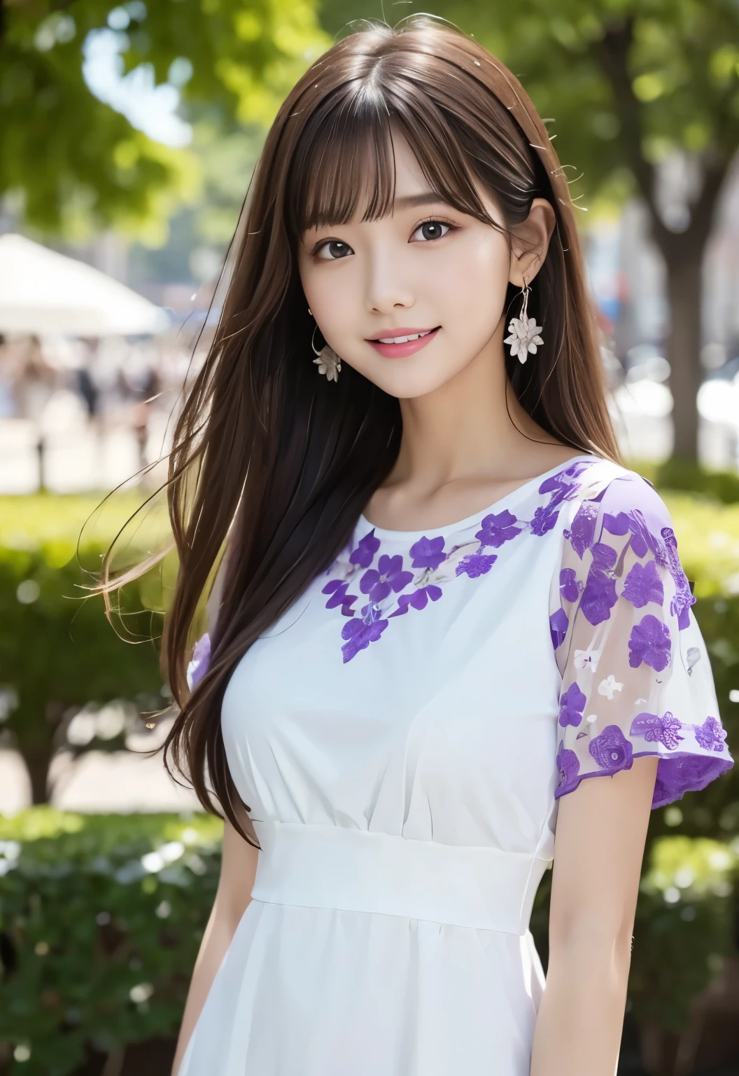 masterpiece, best quality:1.1), (8k, raw photo, photo realistic:1.2, f22), (shiny skin), detailed skin,long hair,detailed face, detailed eyes,smile,BREAK, real world, intricate details, smil, BREAK, 1girl, full body,(white,short sleeves dress)BREAK, (purple flower:1.4), BREAK