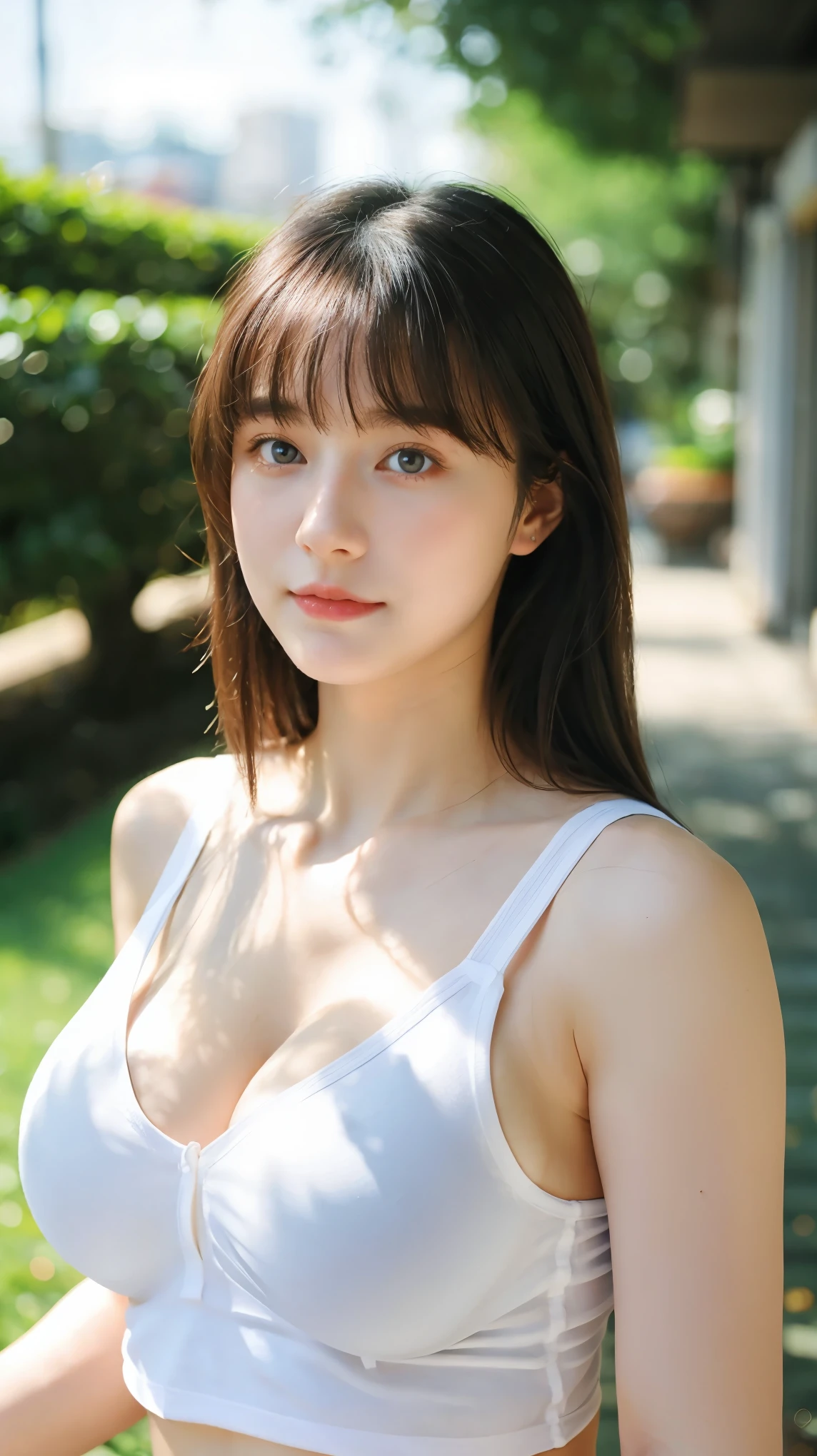 1 Girl, Beautiful, Baby Face, 20 Years Old, White Skin, ((breasts:1.5)), Pose, Cleavage, White Sexy Sleeveless Turtleneck, Blue Eye, Muscles:1.4, Outdoor, Bokeh:1.1, ((Medium Hair)), Sexy Look
