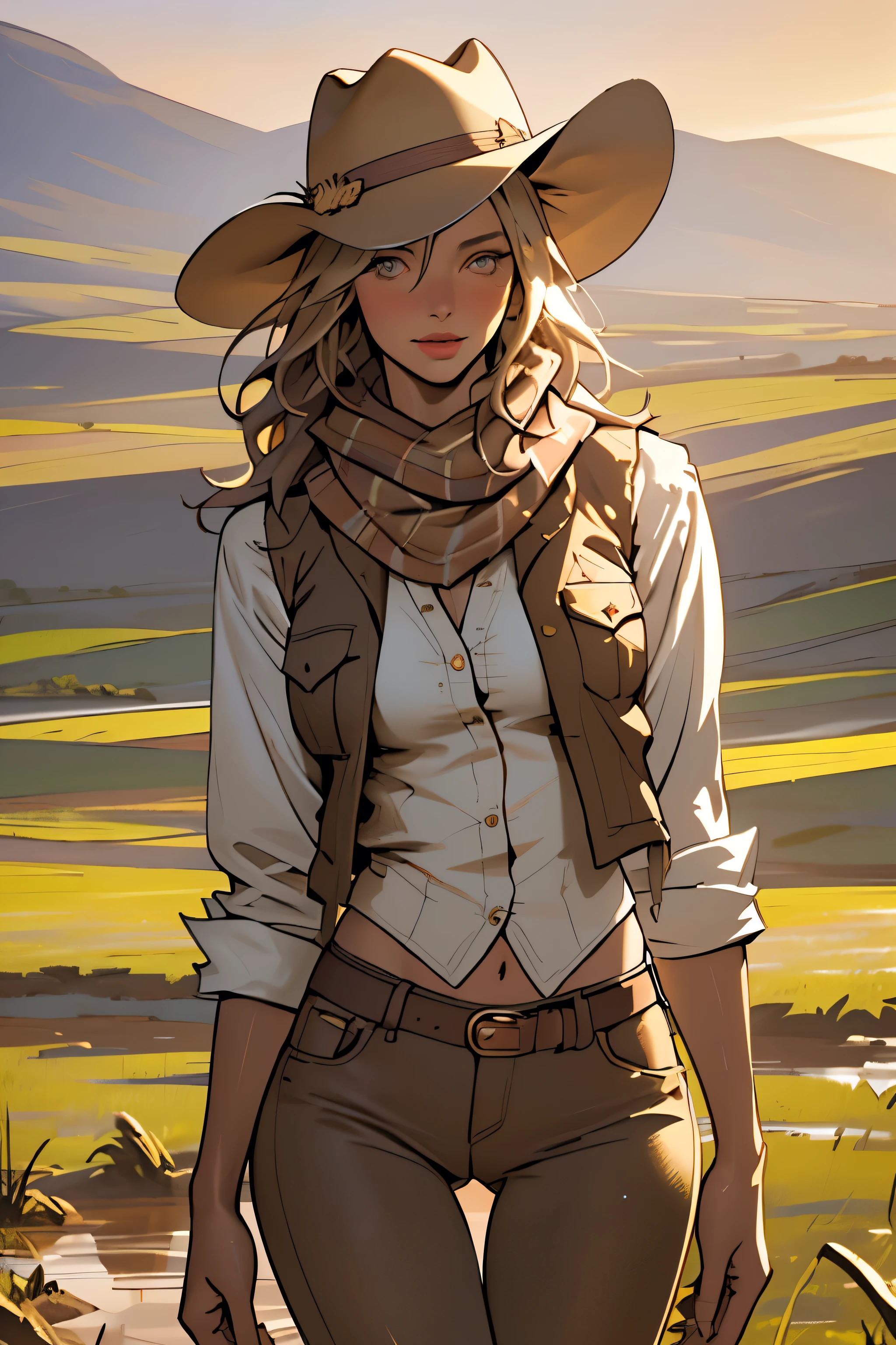 (highest quality, Super detailed, realistic:1.37), outdoor, girl, muddy, detailed and beautiful eyes, beautiful detailed lips, cowboy hat, vest with fringes, slim waist, slender thighs, thigh gap, slim thighs, show belly, pants, scarf, With confidence, medium chest, dusty farm landscape, golden hour lighting