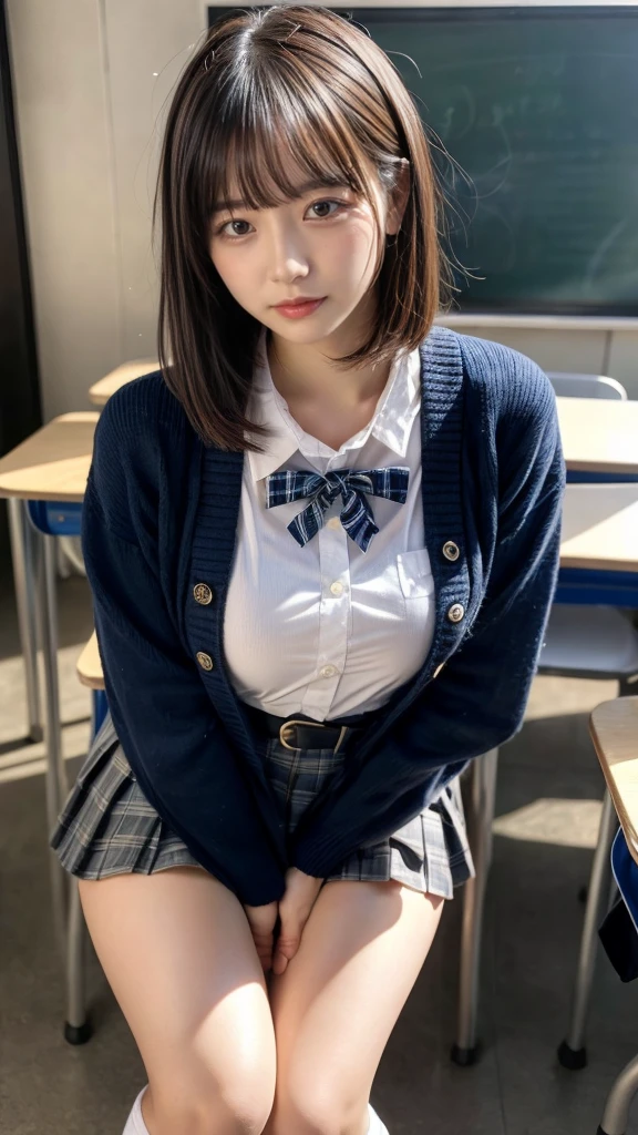 muste piece, best quality, illustration, Super detailed, fine details, High resolution, 8K,wall paper, perfect dynamic composition,(Details High quality, realistic depiction of eyes:1.3), High School Classroom、High school girl uniform、Cardigan、Super Short Check Uniform Skirt、Navy blue high socks、garterbelts、Colossal tits、Disturbed uniform、short bob hair, black hair color, Big Natural Color Lip, bold sexy pose, (perfect body shape), crying a little、cold gaze, Harajuku style、20 year old girl、cute type, beautiful legs, hposing Gravure Idol, Voluptuous thighs