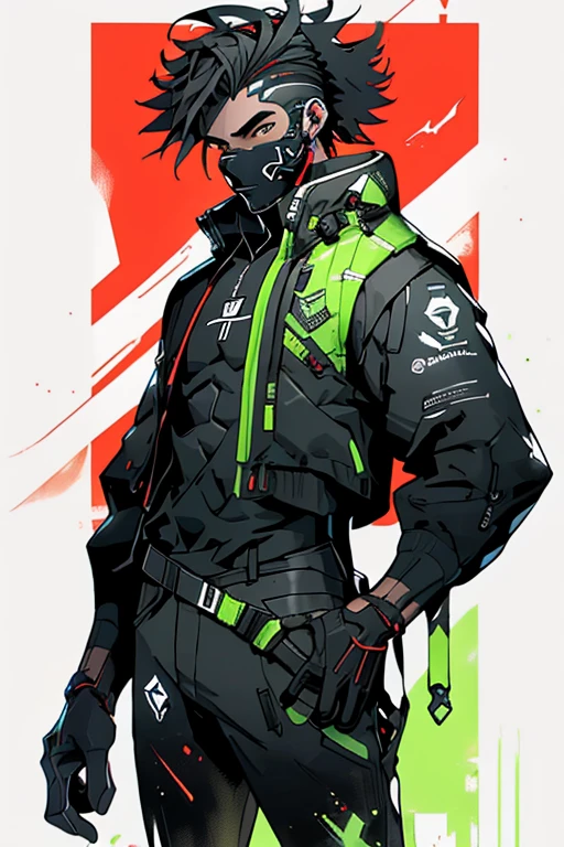 jovem de topete branco com degrader desenhado gamer, sentado em frente ao seu computador gamer, usando seu fone gamer com olhar confiante e destemido com tonalidades de vermelho e preto