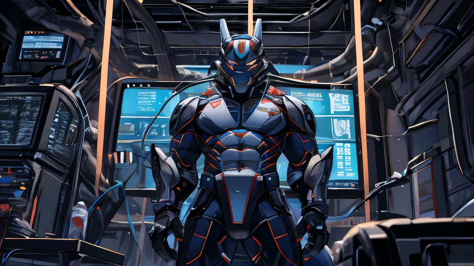 Muscular, dragon, robotic, metallic drone body, helmet, strapped down for programming, bondage, brainwashing, brainwashed into a good soldier, mindless, blank eyes, monitor showing brainwashing progress, mental manipulation, hypnotized