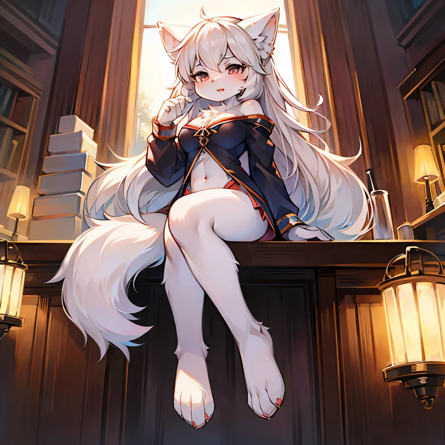 ((best quality)), ((masterpiece)), (detailed), ((highres)), In lavish manor library, laying in books, long curly white pig tails. Fluffy white cat ears. Long white cat tail on butt, 1catgirl, 20 year old, Curvy body, shy, timid, scared, nervous, Blushing. Lewd, naked. Heterochromatic eyes, one teal eye, one purple eye. No shoes, black ripped thigh high leggings with pink pawpads on feet,
