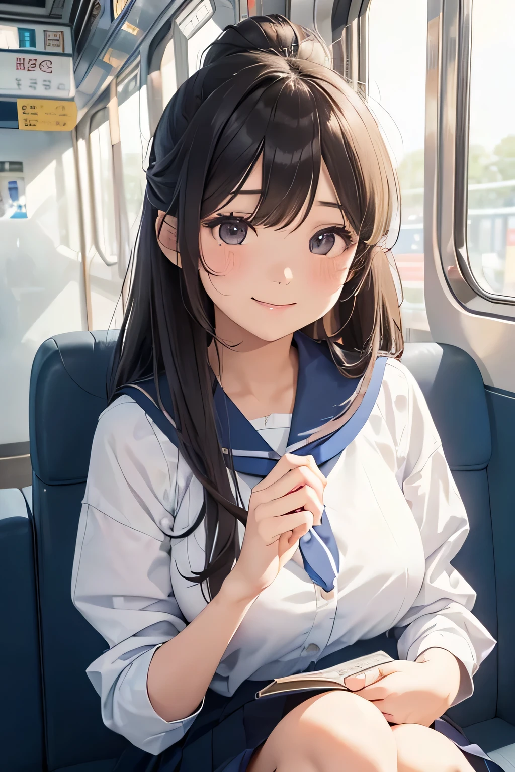 highest quality、High resolution、Detailed Background、(Beautiful face in every detail:1.4)、Anatomically correct、(Draw the usual number of fingers:1.2)、(Detailed facial expressions)、(Detailed eyes:1.2)、(Detailed eyes:1.2)、Beautiful, smooth skin、Teenage beauty、(Highly detailed face:1.4)、Huge breasts、cute hair color、ponytail、well-groomed eyebrows、Perfect body line、In a crowded train、Sailor suit、Light blue sailor collar、Pleated skirt、White knee-high socks、(Two cute girls commuting to school by train:1.5)、
When sitting on a train, the two of you hold hands、
Seeing them sitting comfortably on the train in the evening or at night will make you feel their closeness and affection.、
Looking at smartphones and books together on the train、You may find it even cuter if you rest your head on each other's shoulders or backs while watching together.、
Smiling and talking to each other on the train、They smile as they listen to each other.、
Please remember to be considerate of those around you and to be mindful of your manners.、cute