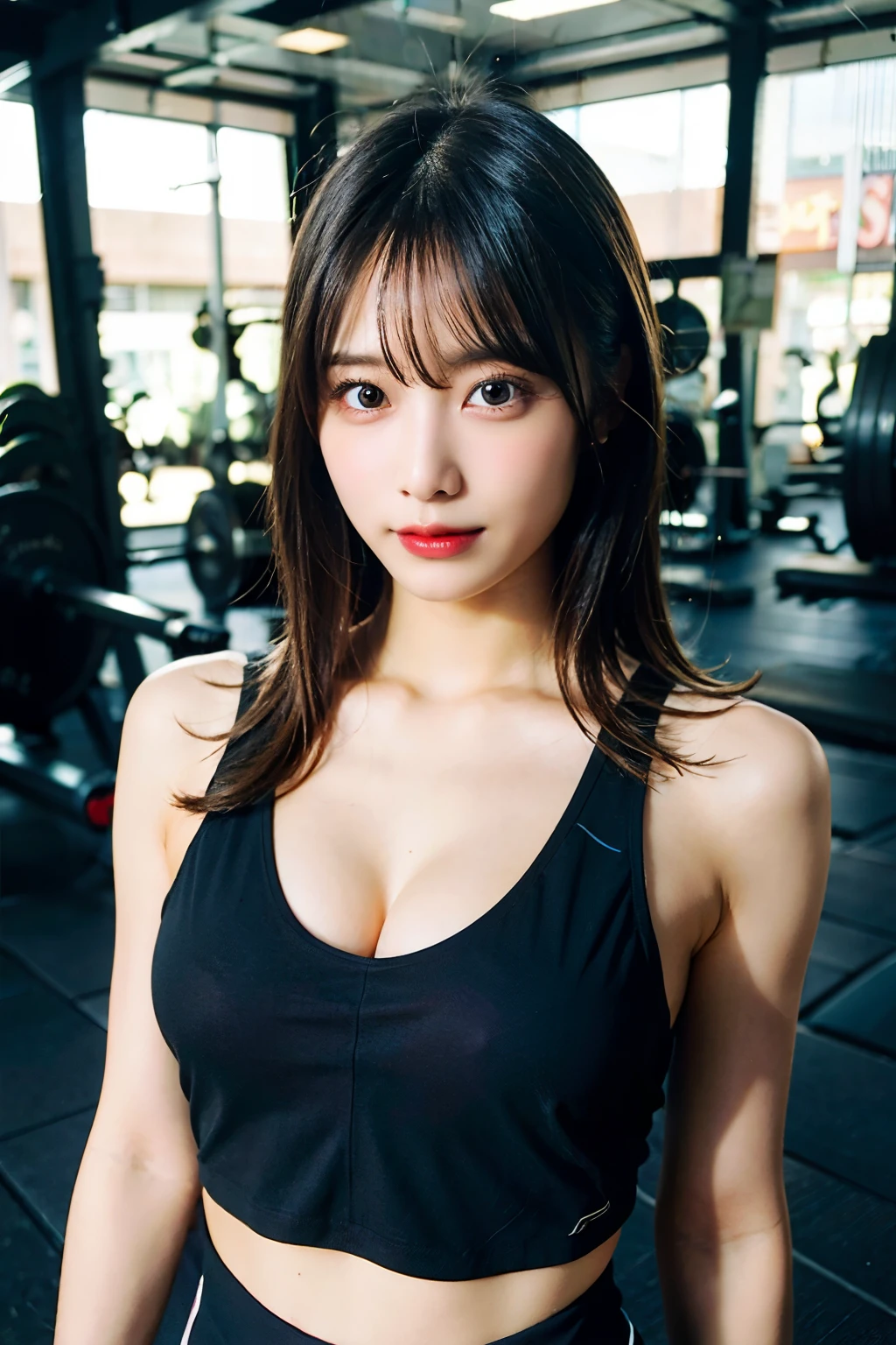 highest quality, Ultra-high resolution, (Realistic: 1.4), 1 girl, (Black Hair: 1), (Small breasts: 1.6), Gym Wear, exercise