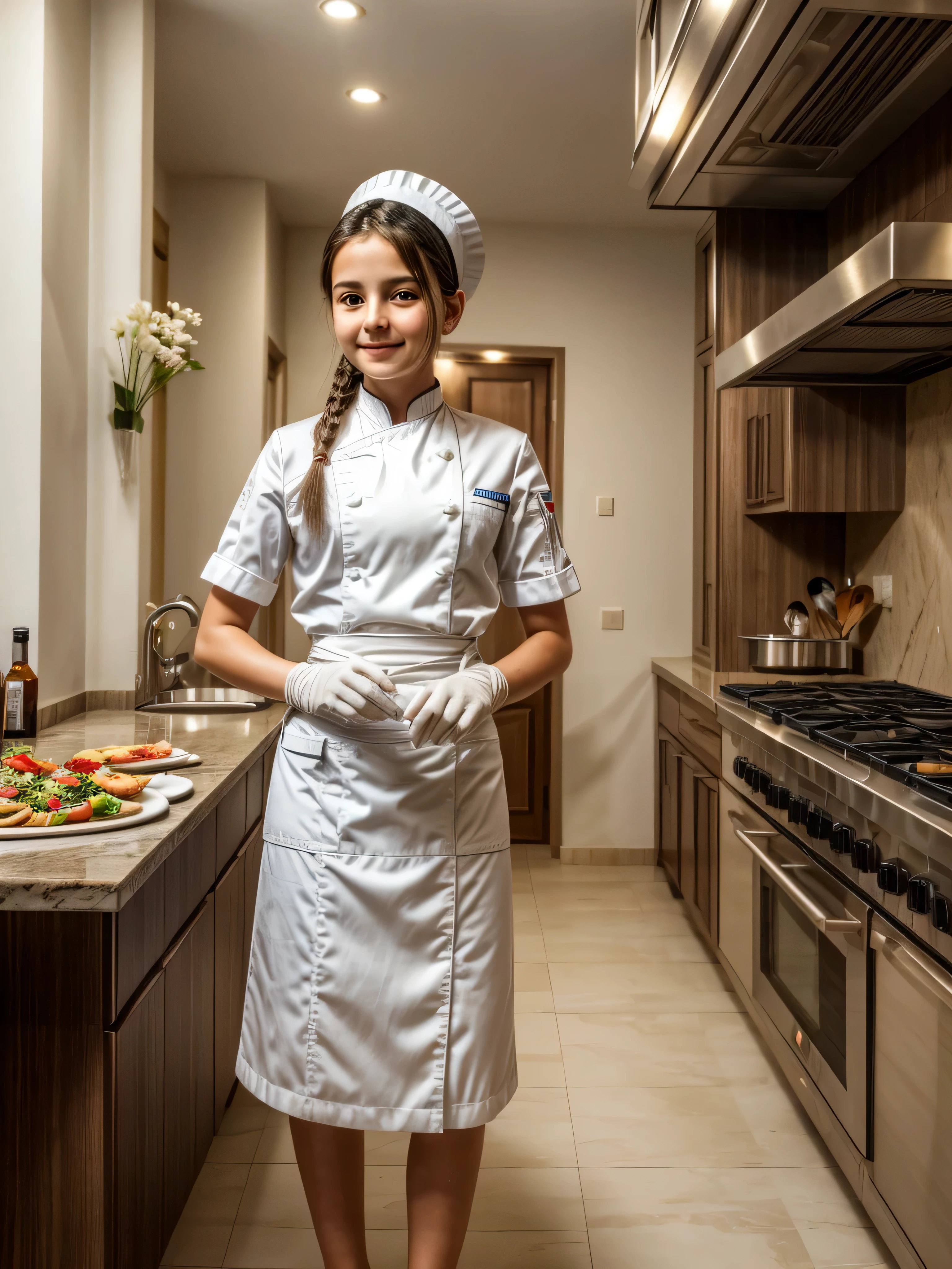 Ultra Realistic, masterpiece, high definition, highly detailed, 8K, a cute Italian girl , a 8 girl, highly detailed face, fair and glossy skin, highly detailed body, wearing chef's outfit, wearing gloves and chef hat, holding kitchen knives and spoons, resembling a hotel chef, looking at the viewer, She's cooking in a hotel kitchen , full body view, proper hotel kitchen interiors at the background, perfect background. Waiters are working at the hotel, pasta,pizza, dishes, Highly clean and neat kitchen,
