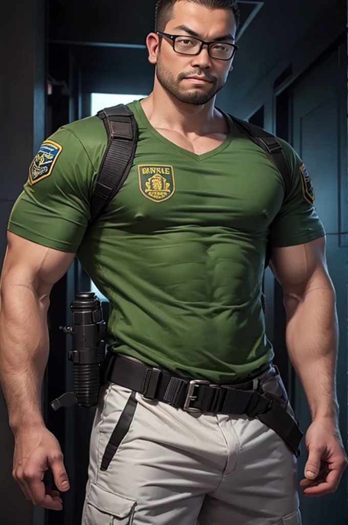 1 man, solo, 35 year old, George Pei, wearing a green T-shirt, serious face, looking at the camera, white color on the shoulder and a bsaa logo on the shoulder, military tactical suit, equipment, (holding a pistol with 2 hands), tall and hunk, biceps, abs, chest, best quality, masterpiece, high resolution:1.2, upper body shot, dark black gloomy hallway with not background, glasses