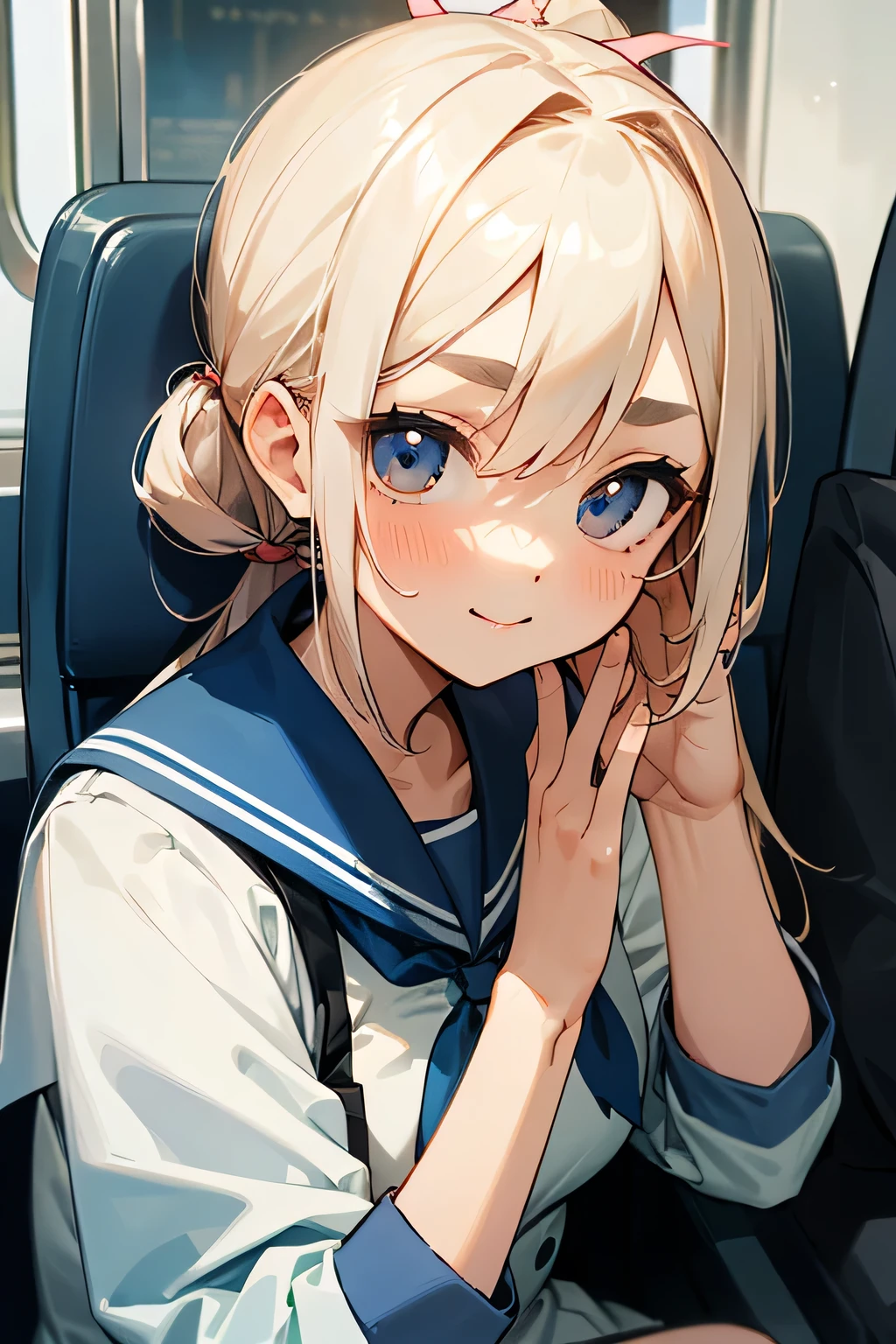 highest quality、High resolution、Detailed Background、(Beautiful face in every detail:1.4)、Anatomically correct、(Draw the usual number of fingers:1.2)、(Detailed facial expressions)、(Detailed eyes:1.2)、(Detailed eyes:1.2)、Beautiful, smooth skin、age beauty、(Highly detailed face:1.4)、Huge breasts、cute hair color、ponytail、well-groomed eyebrows、Perfect body line、In a crowded train、Sailor suit、Light blue sailor collar、Pleated skirt、White knee-high socks、(Two cute girls commuting to school by train:1.5)、
When sitting on a train, the two of you hold hands、
Seeing them sitting comfortably on the train in the evening or at night will make you feel their closeness and affection.、
Looking at smartphones and books together on the train、You may find it even cuter if you rest your head on each other&#39;s shoulders or backs while watching together.、
Smiling and talking to each other on the train、They smile as they listen to each other.、
Please remember to be considerate of those around you and to be mindful of your manners.、cute