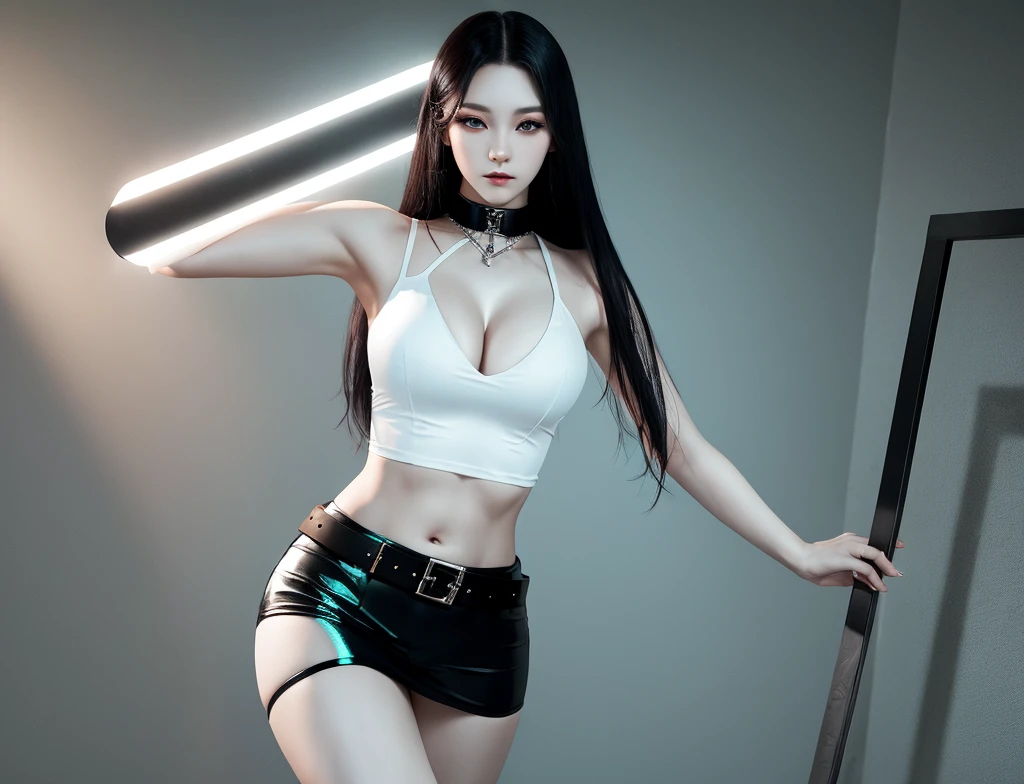 Photorealistic, Ultra realistic, 16k, high quality, cinematic lights, dream atmosphere, dream aesthetic, 1girl, korean hot model (kpop superstar), tall, black hair, realistic silky hair(red), cute pale-turquoise eyes (shiny look), long flowing hair(realistic), gothic makeup, pale-white skin illuminated, realistic textured skin, realistic shading, tall, alternative outfit, cleavage, large natural breasts, (black crop top:1.2), bare shoulders, black midriff, black miniskirt, realistic textures, belt, 16k resolution, detailed face and eyes, muscular female body, strong arms, lean belly, big hips, muscular thighs, thick legs, full body, realistic, style-paintmagic, different positions at different types of angles. 