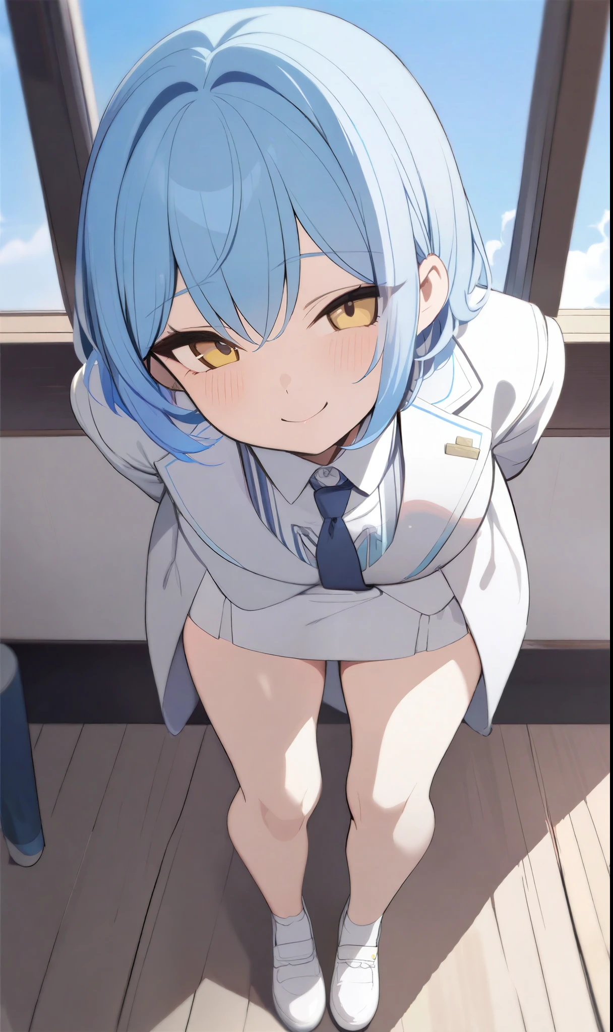 1 girl, short sky blue hair, have bang, golden yellow eyes, pink cheeks, White suit, white skirt, navy tie, white shoes, (masterpiece, best quality, beautiful detailed eyes, detailed face), full body, cute, soft smile, happy face