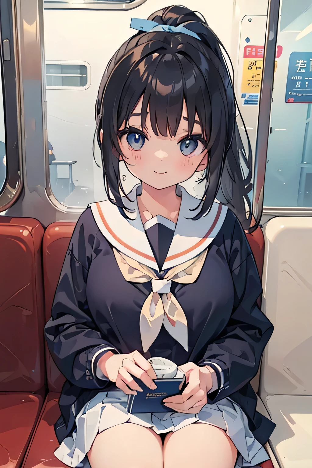 highest quality、High resolution、Detailed Background、(Beautiful face in every detail:1.4)、Anatomically correct、(Draw the usual number of fingers:1.2)、(Detailed facial expressions)、(Detailed eyes:1.2)、(Detailed eyes:1.2)、Beautiful, smooth skin、Teenage beauty、(Highly detailed face:1.4)、Huge breasts、cute hair color、ponytail、well-groomed eyebrows、Perfect body line、In a crowded train、Sailor suit、Light blue sailor collar、Pleated skirt、White knee-high socks、(Two cute girls commuting to school by train:1.5)、
When sitting on a train, the two of you hold hands、
Seeing them sitting comfortably on the train in the evening or at night will make you feel their closeness and affection.、
Looking at smartphones and books together on the train、You may find it even cuter if you rest your head on each other's shoulders or backs while watching together.、
Smiling and talking to each other on the train、They smile as they listen to each other.、
Please remember to be considerate of those around you and to be mindful of your manners.、cute
