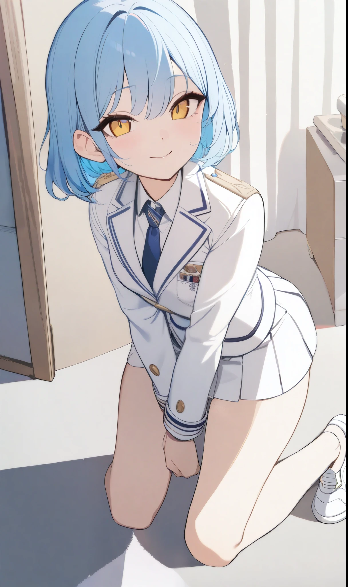 1 girl, short sky blue hair, have bang, golden yellow eyes, pink cheeks, White suit, white skirt, navy tie, white shoes, (masterpiece, best quality, beautiful detailed eyes, detailed face), full body, cute, soft smile, happy face