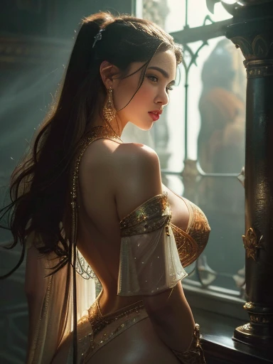 A masterpiece ultrarealistic ultra detailed body portrait of a very beautiful barbarian woman, Bronze Age, feminine, massurrealism. medium shot, sexual, stanley artgerm lau, wlop, rossdraws, james jean, andrei riabovitchev, marc simonetti, porcelain skin, pitch black ambience, intricate swooping bosoms, falling sheer beige robe 🥽, transparent wet fabrics, bare side bosom 🥭🥭, extra provocative 🔥🔥, (extra sexual)🫦🫦, wetness 💦💦, intricate shadow play, looking back 🍑🍑 semi clothed unveiling shoulder