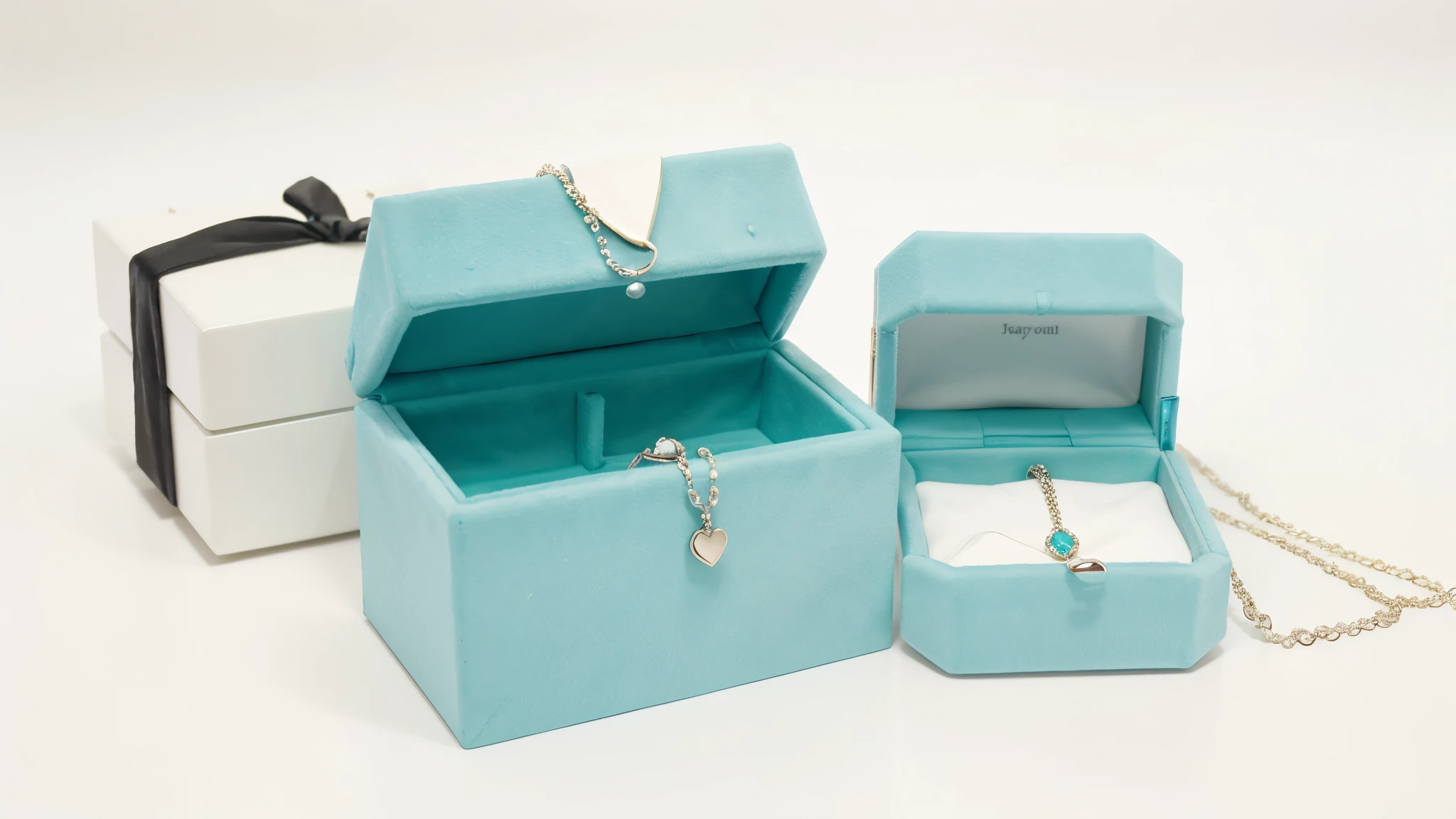 teal diamond jewelry box for birthday gift with necklace on it and white background