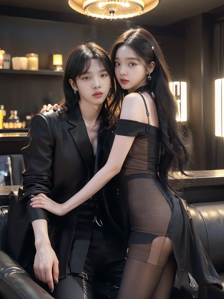 (Nsfw : 1.3), (1 woman subjected to skinship by 2 men, NSFW Pose :1.4), delicate，masterpiece，beautiful details，very colorful，exquisite details，delicate 입술, the details are complicated，(realistic:1.4), (spy:1.2), room salon, (karaoke room,room karaoke:1.1),Dark interior, Psych Lighting, (50mm sigma f /1.4 Zeiss lenses, f1.4, 1/800s, ISO 100, picture:1.1), lens flare, ((Beautiful 20-year-old cute K-pop idol woman：1.2), natural D cup breasts, (Low nose bridge and nostrils : 1.2), (black short wavy hair:1.2), (wireless dress, christian dior\(trademark\),:1.4), Earrings and choker necklace and bracelet, (beautifulleg, Transparent pantyhose and high heels, thin,slim_leg,(femur_gap,Model:1.2), (beautiful smile : 0.5)), Karaoke bar, leather sofa,（Facial makeup : 1.2), complete anatomy, 8 heads tall, Physical contact, (dynamic pose : 1.2), (Touching one Korean woman together, (Two suit-fit Korean men wearing suit pants and shirts)), mmf