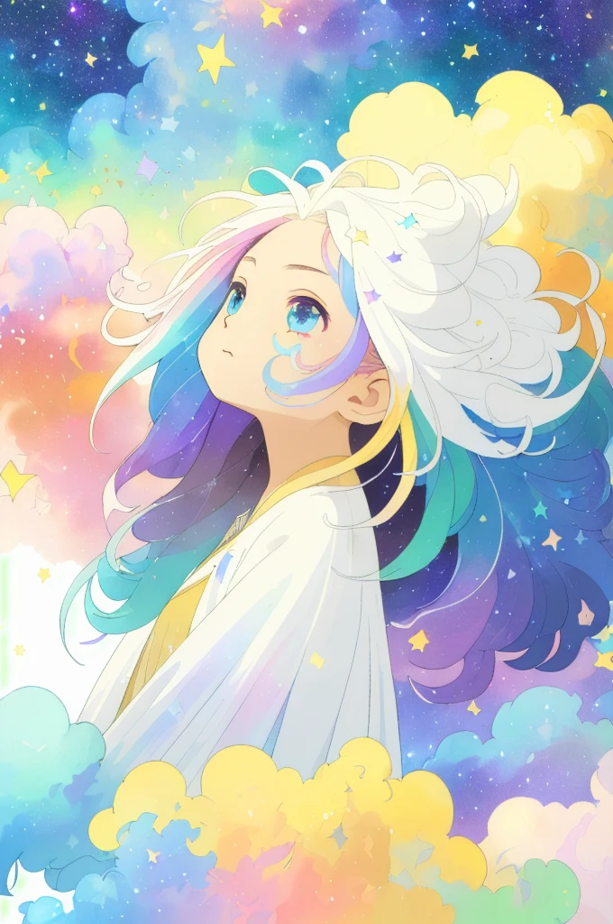 ((masterpiece)), (((best quality))), ((ultra-detailed)), ((illustration)),[realism light effect],shadow,(Fantasy style),(white background:1.6), simple background, (earth theme),(a cloak)[(hair focus,((1girl)),[(big slime hair): (cloud hair):0.3], (hair on background),(high saturation),(hair surrounded by galaxy splashes),)):((her hair is becoming galaxy clouds,:1.27628), (hair and clothes is galaxy clouds and cluster of stars:1.1025),(a cloak is becoming galaxy clouds)(colorful_galaxy_print_clusters_of_stars_print:1.35),((detailed starry sky with colorful galaxy and galaxy clouds):1.2)):0.35], (((masterpiece))),(((best quality))),((ultra-detailed)),(illustration),(dynamic angle),((floating)),(paint),((disheveled hair)),((beautiful detailed face)),collar,bare shoulders, ((colorful hair)),((streaked hair)),beautiful detailed eyes,(Gradient color eyes),(((colorful eyes))),(((colorful background))),(((high saturation))),(((surrounded by colorful splashes))),(((surrounded by colorful dot))),colorful bubble,((shining)),