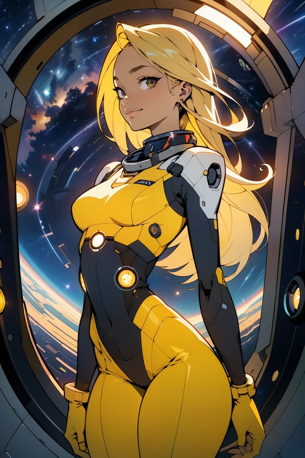 (masterpiece, best quality:1.2), (cowboy shot:1.1), solo, 1girl, mori yuki, slight smile, closed mouth, nearly frontal view, looking at viewer, blonde hair, long hair, thigh gap, yellow bodysuit, skin-tight, perfect body, large window, (starship porthole:1.3), (spread legs:1.0), (standing:1.1), thigh gap, sensual pose, sideview, perfect hands, bright starship interior, (outer space view:1.1), (orbital view:1.3), (night, stary sky:1.5), milky way