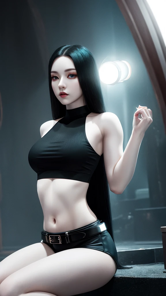 Photorealistic, Ultra realistic, 16k, high quality, cinematic lights, dream atmosphere, dream aesthetic, 1girl, korean hot model (kpop superstar), tall, black hair, realistic silky hair(red), cute pale-turquoise eyes (shiny look), long flowing hair(realistic), gothic makeup, pale-white skin illuminated, realistic textured skin, realistic shading, tall, alternative outfit, cleavage, large natural breasts, (black crop top:1.2), bare shoulders, black midriff, black miniskirt, realistic textures, belt, 16k resolution, detailed face and eyes, muscular female body, strong arms, lean belly, big hips, muscular thighs, thick legs, full body, realistic, style-paintmagic, different positions at different types of angles. 