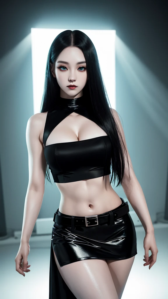 Photorealistic, Ultra realistic, 16k, high quality, cinematic lights, dream atmosphere, dream aesthetic, 1girl, korean hot model (kpop superstar), tall, black hair, realistic silky hair(red), cute pale-turquoise eyes (shiny look), long flowing hair(realistic), gothic makeup, pale-white skin illuminated, realistic textured skin, realistic shading, tall, alternative outfit, cleavage, large natural breasts, (black crop top:1.2), bare shoulders, black midriff, black miniskirt, realistic textures, belt, 16k resolution, detailed face and eyes, muscular female body, strong arms, lean belly, big hips, muscular thighs, thick legs, full body, realistic, style-paintmagic, different positions at different types of angles. 