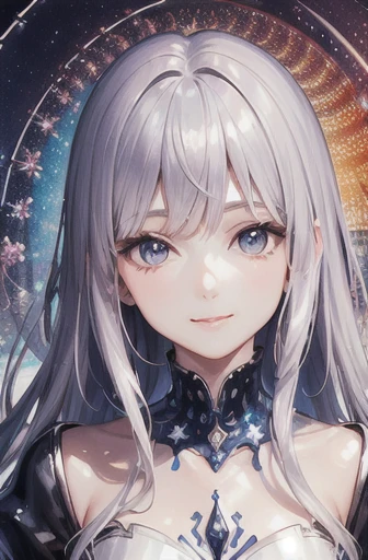 (masterpiece, highest quality, highest quality, Official Art, beautifully、beautiful:1.2), (1人のgirl:1.3), (Fractal Art:1.3),girl,beautiful,An innocent smile,Silver Hair,Long Hair,Princess,Smooth Hair