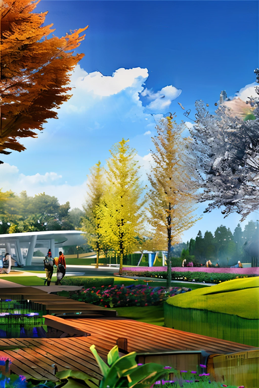 Landscape design, landscape renderings, parks, wetlands, birds, wooden walkways, tourists, trees, shrubs,