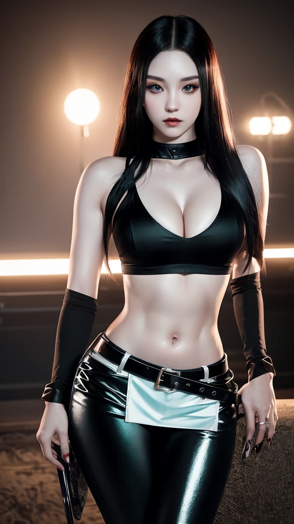 Photorealistic, Ultra realistic, 16k, high quality, cinematic lights, dream atmosphere, dream aesthetic, 1girl, korean hot model (kpop superstar), tall, black hair, realistic silky hair(red), cute pale-turquoise eyes (shiny look), long flowing hair(realistic), gothic makeup, pale-white skin illuminated, realistic textured skin, realistic shading, tall, alternative outfit, cleavage, large natural breasts, (black crop top:1.2), bare shoulders, black midriff, black miniskirt, realistic textures, belt, 16k resolution, detailed face and eyes, muscular female body, strong arms, lean belly, big hips, muscular thighs, thick legs, full body, realistic, style-paintmagic, different positions at different types of angles.