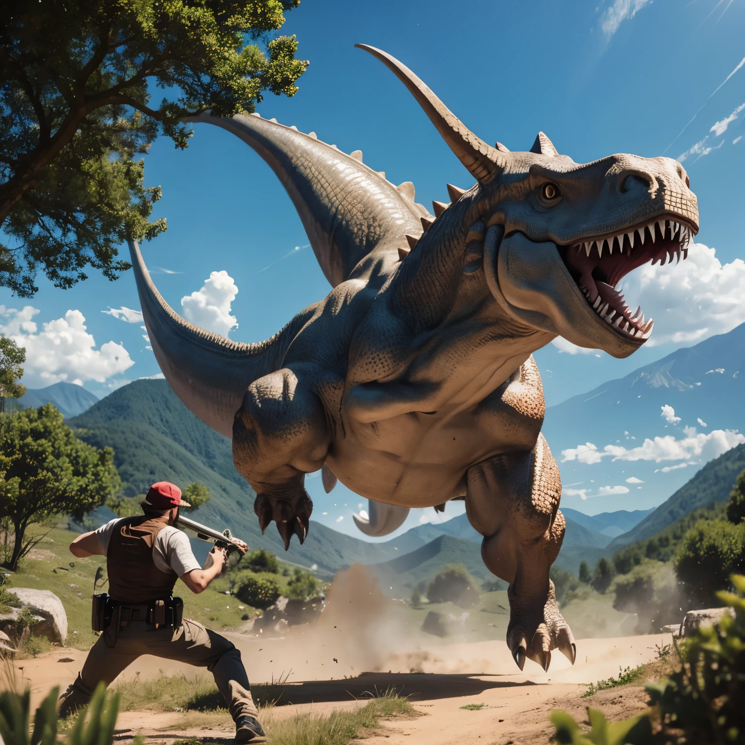Dino fight man in the jura