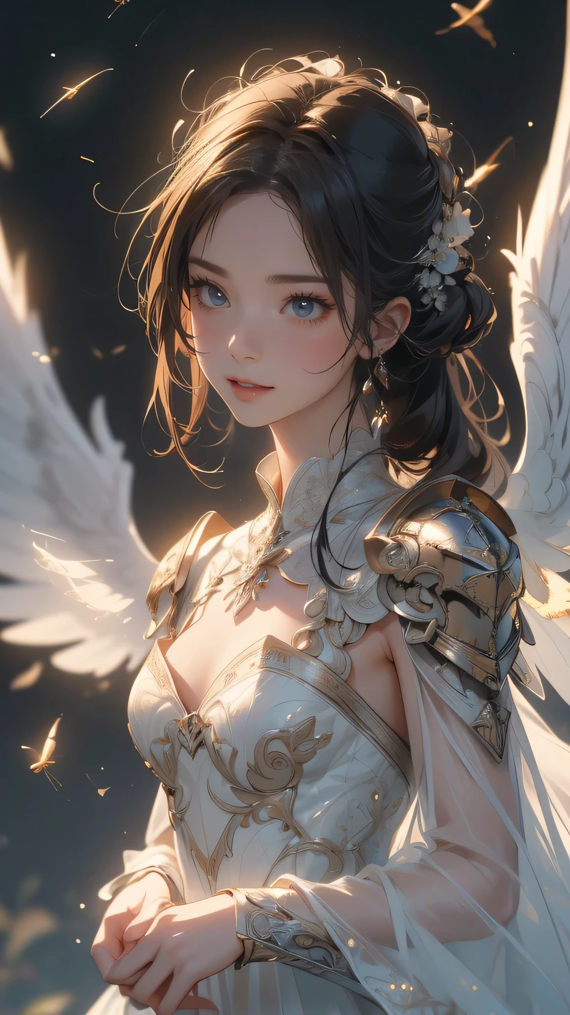 from below,angel armor,(fly down from the sky:1.5),(random hairstyle),(Highest image quality,(8k),ultra-realistic,best quality, high quality, high definition, high quality texture,high detail,beautiful detailed,fine detailed,extremely detailed cg,detailed texture,a realistic representation of the face,masterpiece,Sense of presence)