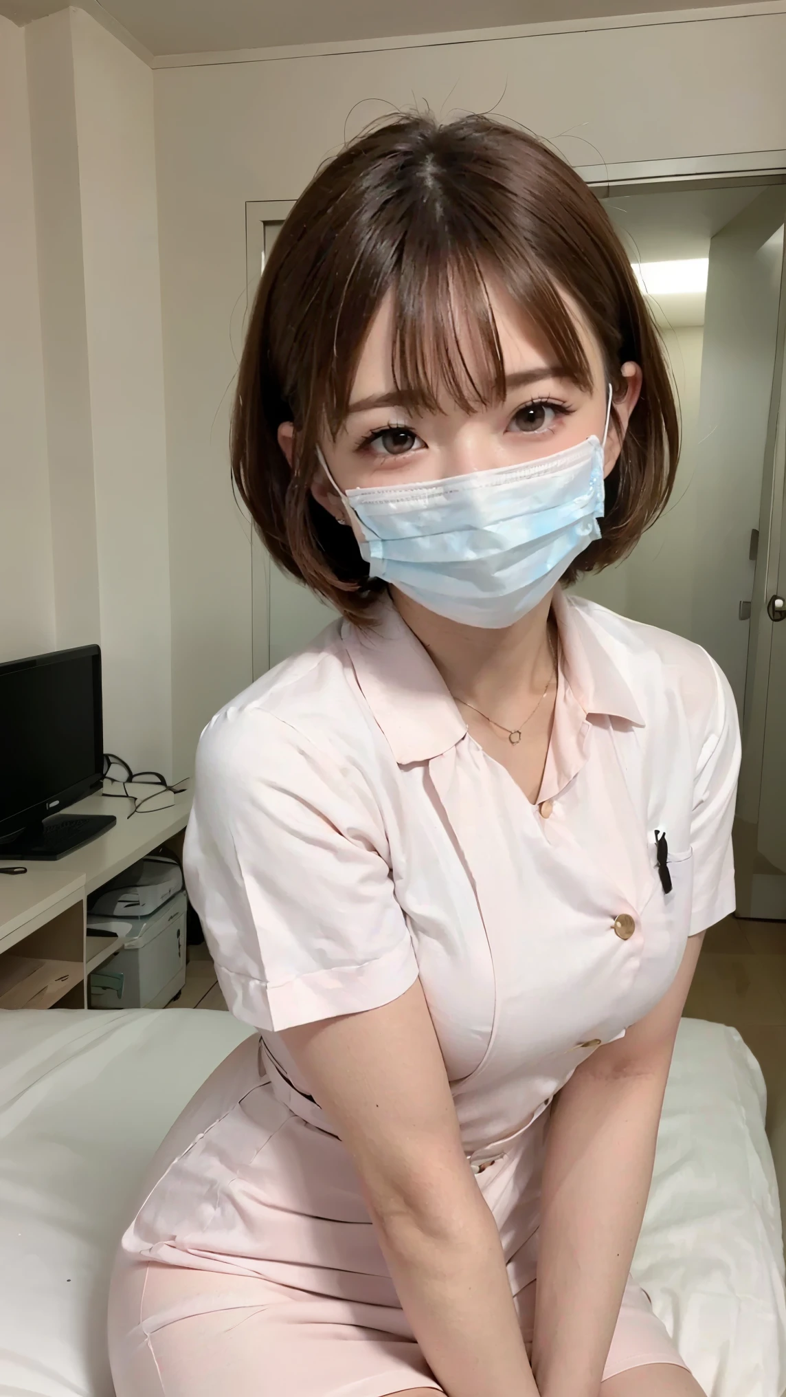 1 girl,(Wearing white nurse clothes:1.2),(RAW Photos, highest quality), (Realistic, photo-Realistic:1.4), masterpiece, Very delicate and beautiful, Very detailed, 2k wallpaper, wonderful, finely, Very detailed CG unity 8k wallpaper, Very detailed, High resolution, Soft Light, Beautiful detailed girl, Very detailed eyes and face, Beautiful and detailed nose, finely beautiful eyes, nurse, Perfect ???????, Black Hair, Upstyle, nurse uniform, ((mask)), mini skirt, nurse, Pink outfit, thin, hospital, clear, White Uniform, hospital room, Neck auscultation,Bobcut、front、((slouch:1.3))