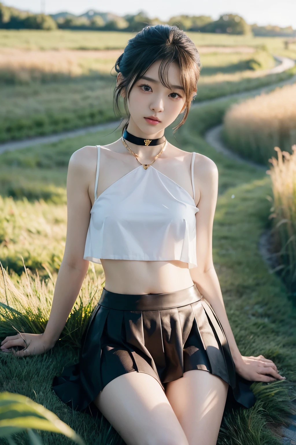 (((18 year old Japanese cute idol)))、The clothing is made of thin, see-through silk fabric.、Dynamic Angle、original、(Super detailed)、(Depth of written boundary)、solo、Sad look、Black Hair、very short hair、(+Perfect hands+:1.21)、gold choker necklace、(Focus_Girl:1.4)、Natural volumetric lighting and great shadows、(+prairie+: 1.2)、(grass:1.2)、mini skirt、Belly button