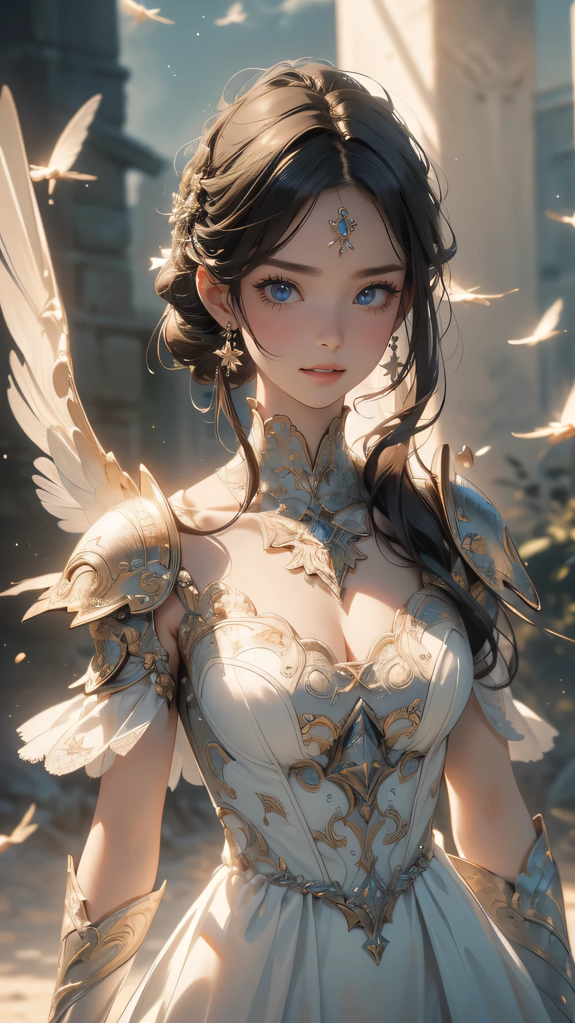 from below,angel armor,(fly down from the sky:1.5),(random hairstyle),(Highest image quality,(8k),ultra-realistic,best quality, high quality, high definition, high quality texture,high detail,beautiful detailed,fine detailed,extremely detailed cg,detailed texture,a realistic representation of the face,masterpiece,Sense of presence)