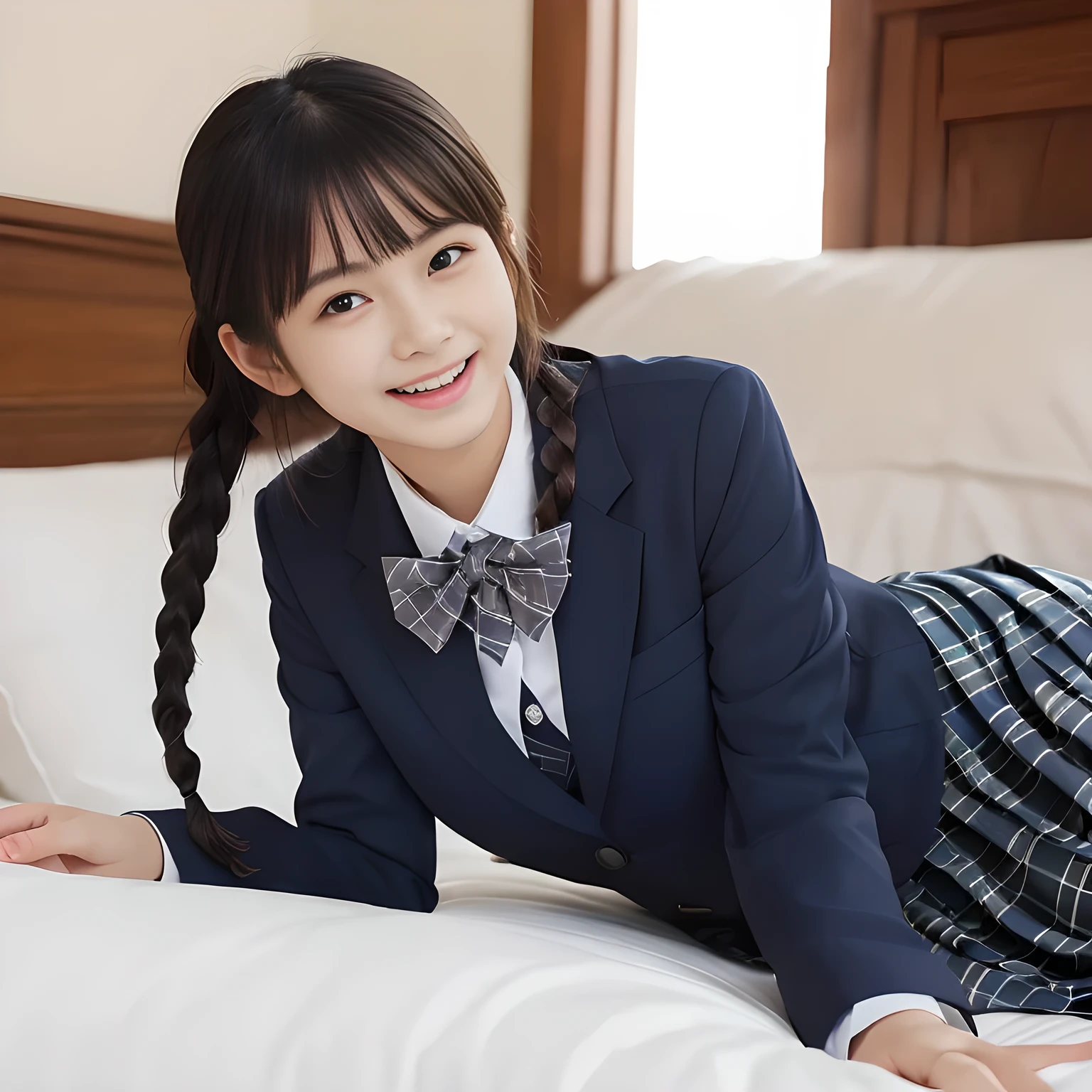 (highest quality、masterpiece:1.2)、highest quality、Realistic、photograph、High resolution、1080p、8K、Physical Rendering、((Height: 158cm)), two Japanese girls、((((((A beautiful Japanese magazine fashion model is lying on her bed looking at the viewer)))))), , (((big very detailed beautiful dark brown eyes))), ((((laughing at me!)))), detailed fingers, (((curled blunt bangs))), ((Very large and cute eyes, carefully drawn with great attention to detail)), ((double eyelids)), (((long eyelashes))), ((cute lovely lovely laughing laughing cheeks)), ((The pure white light hits my nose and cheeks.、Her eyes and white facial skin shine beautifully white.)), (((((Her facial features are very expressive lovely smile, very sweet, very very sweet))))), (((Shooting from the side))), ((((impressive plain navy large school ribbon bow tie in plain)))), ((((black very beautiful and very very long braids)))), (((((blue and navy colored tartan checkered formal long pleated pleated skirt))))), (((A formal dark blue blazer in solid that is slightly oversized and with a golden emblem))), ((As elegant as a noble princess)), (((Pure white bedroom)))