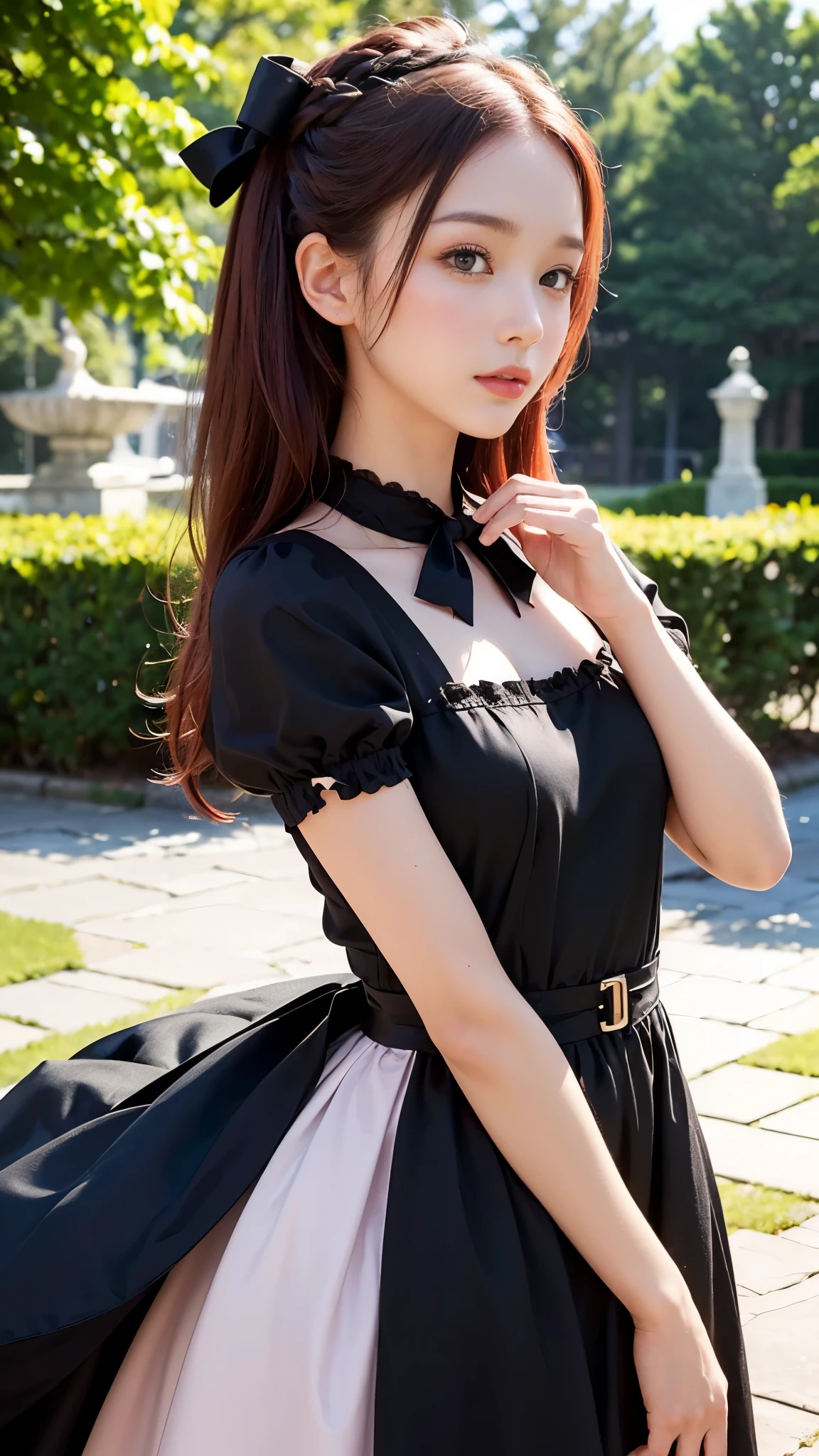((National Park Gardens)), beautiful girl, (), (((whole body))), (Drawing model), ((Red and black neat dress)), ((Ribbon hair ornament)), (Detailed eyes and face:1.2), (high nose:1.3), (Beautiful Eyes:1.3), (Moisturizing lips:1.3), (Beautiful small face:1.2), (blush:1.3), (Detailed hand:1.3), (Girl's small hand:1.5), (Fold your hands in front of you:1.5), (Detailed skin texture), (Clear white skin), (Beautiful depilated arms:1.5), (Tight waist:1.3), (Parting the bangs), (Smooth and shiny straight hair:1.3), ((Brown Hair:1.3)), (Hair should flow back:1.5), (Beautiful breasts:1.3), (Professional photography:1.2), (Photorealistic:1.4), (((highest quality, 8K, masterpiece))), (looking at the camera:1.4), (Hair soars in the wind:1.5), (Lightweight dress:1.5), (A cunning expression:1.5)