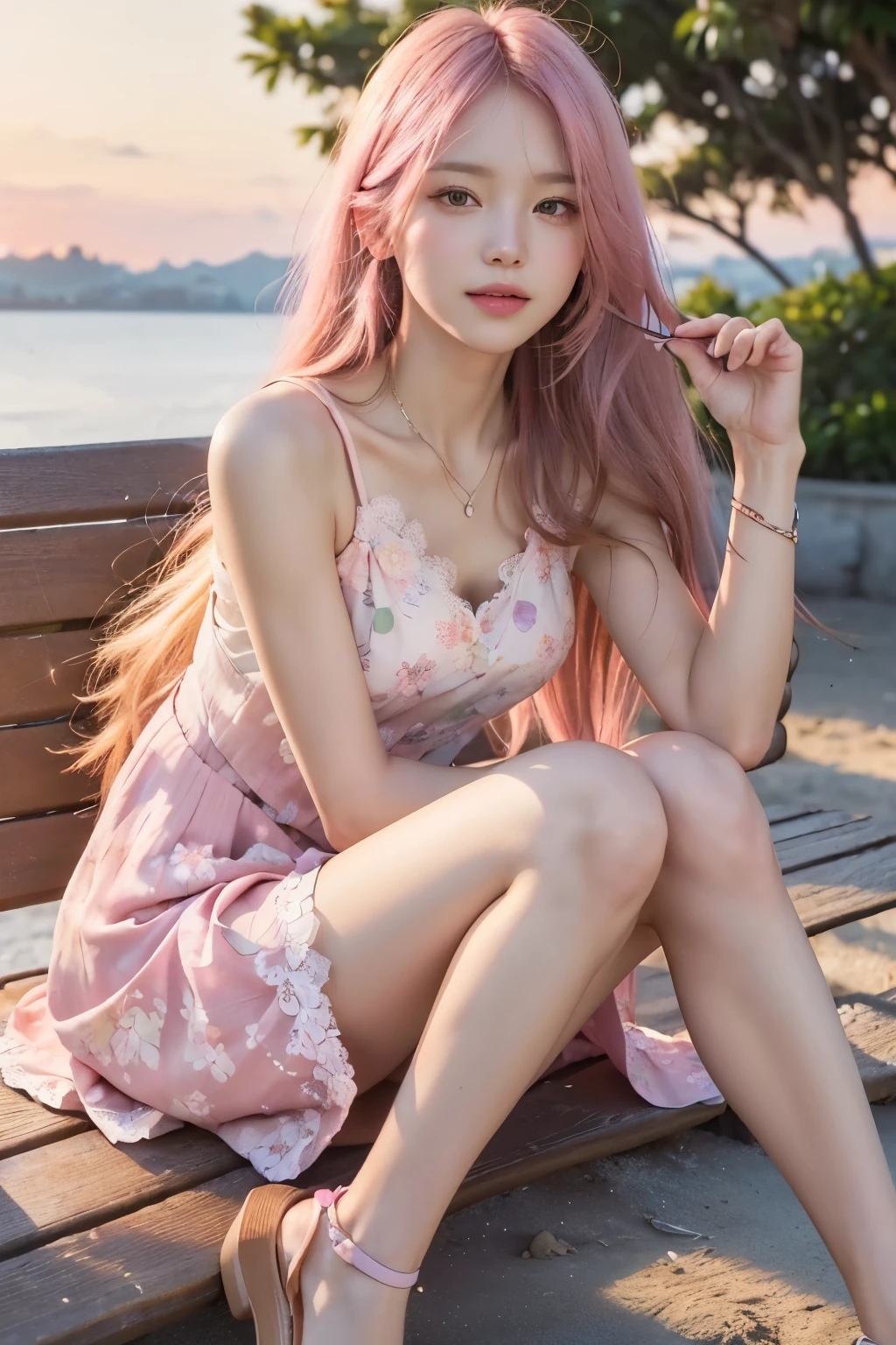 (8K, top-quality, masterpiece:1.2), (realistic, Photorealistic:1.37), Super Detail, One girl, (Highly detailed), (beautifully detailed eyes), (of the highest quality), (super detailed), (masterpiece), (Detailed face), 20yr old, 1 girl, (pink hair, long hair), medium breasts, clothed, Perfect Lighting, BREAK, (spring-summer transition:1.3), (floral dress:1.5), (pastel colors:1.4), (lightweight fabric:1.2), (airy silhouette:1.3), (lace details:1.4), (comfortable fit:1.2), (feminine style:1.3), (casual elegance:1.2), (ankle-length:1.3), (sleeveless:1.2), (v-neckline:1.2), (flared skirt:1.4), (cinched waist:1.5), (strappy sandals:1.3), (minimal jewelry:1.2), BREAK, (high quality:1.2), (spring-summer vibe:1.3), (pink long hair:1.5), (gentle smile:1.4), (sideways glance:1.2), (relaxed posture:1.3), (holding skirt:1.4), (natural park background:1.2), (beach background:1.2), (soft morning light:1.3), (warm sunset glow:1.3), (upper body to knees:1.2)

