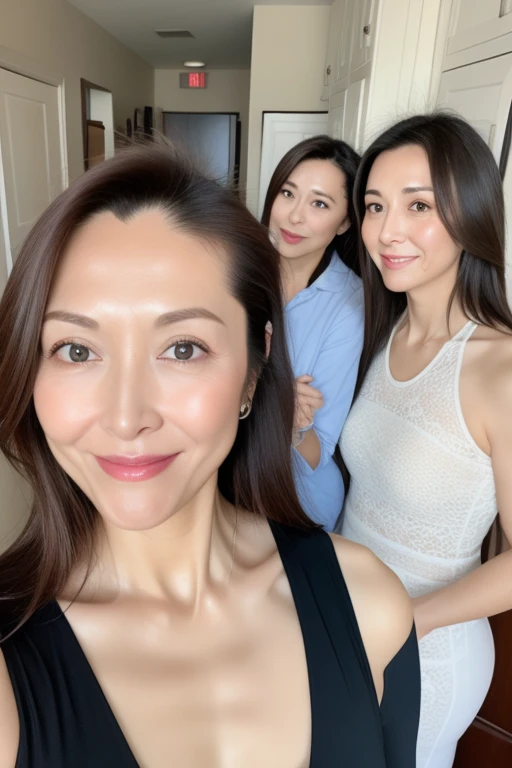 Mature attractive woman、3 people、Chubby、lingerie、Large Breasts、A smilee、masterpiece、highest quality、(((Madame)))、40th generation、Brown Hair、Elderly women、alone、4K、smile、underwear、Sexy shot、huge 、Big ample breasts、Woman with wrinkles around the eyes、Wrinkles on the skin of the whole body、Wrinkled wrists、bed、Full Body Shot、Photograph the whole body、Variety of faces