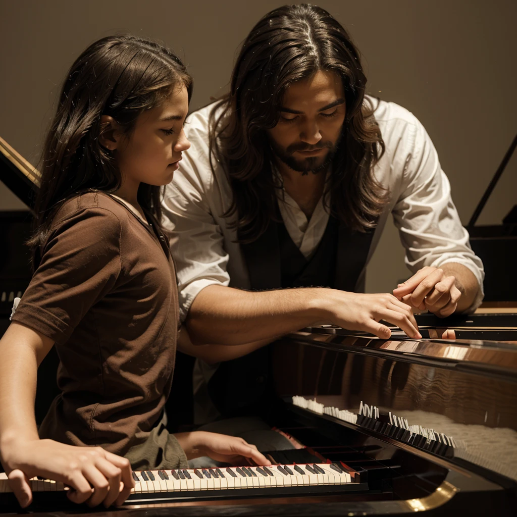 A playing the grand piano and Jesus is guiding him to play piano as teacher