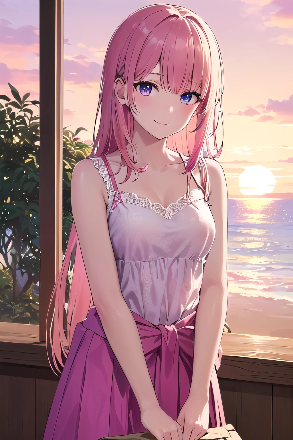 (8K, top-quality, masterpiece:1.2),  Super Detail, One girl, (Highly detailed), (beautifully detailed eyes), (of the highest quality), (super detailed), (masterpiece), (Detailed face), 20yr old, 1 girl, (pink hair, long hair), medium breasts, clothed, Perfect Lighting, BREAK, (spring-summer transition:1.3), (floral dress:1.5), (pastel colors:1.4), (lightweight fabric:1.2), (airy silhouette:1.3), (lace details:1.4), (comfortable fit:1.2), (feminine style:1.3), (casual elegance:1.2), (ankle-length:1.3), (sleeveless:1.2), (v-neckline:1.2), (flared skirt:1.4), (cinched waist:1.5), (strappy sandals:1.3), (minimal jewelry:1.2), BREAK, (high quality:1.2), (spring-summer vibe:1.3), (pink long hair:1.5), (gentle smile:1.4), (sideways glance:1.2), (relaxed posture:1.3), (holding skirt:1.4), (natural park background:1.2), (beach background:1.2), (soft morning light:1.3), (warm sunset glow:1.3), (upper body to knees:1.2)
