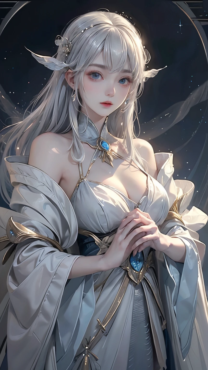 star,(White Hair Girl:1.5),((masterpiece))、(detailed:1.4)、((breast enhancement、Upper body photo、Close-up:1.1))、(Backlight)(Night scene、A fantastic atmosphere、Ancient capital、Amazing beauty images,One Woman、white dust、Light and dance-like、Suspended particles), (Black Costume、Feathered Robe with Sleeves、Clothing that widens towards the hem、Exposing shoulders、Off the shoulder)、(Gray hair that changes with light、length, Lustrous gray hair、WHITE hair fluttering in the wind、Beautiful Bangs:1.3)、(Beautiful white and shining skin、Cheek gloss highlight、Sexy and very beautiful and adorable face、The most beautiful face in the world、big, Sparkling blue eyes)、(Cute 25 year old girl、Ample breasts、Great cleavage and a tiny waist、Delicate shoulders、Balanced figure)、Woman in costume on stage、Whole body xylose, flowing robe,Angel's Feather Robe Wonderful Fantasy, elegant and charming cosplay、ru_qun
