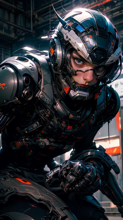 CG Mecha, Beautiful eyes, Upper body, Mechanic Armor, Portrait, robot,White-orange armor,, Neon light, 8K, raw, Best Quality, masutepiece, 超A high resolution, Colorful, (medium wide shot), (Dynamic perspective), Sharp Focus , (depth of fields, Bokeh:1.3), extremely detailed eye and face, Beautiful detailed eyes、Black gold, Trimmed gear:1.2), ((masutepiece, Best Quality)), Detailed background, Spaceship Interior Fighting Pose、Grey Hair、poneyTail、Luminescent eyes、fullmoon、Shot with R5、Get down on one knee、matrix、Dark Fantasy