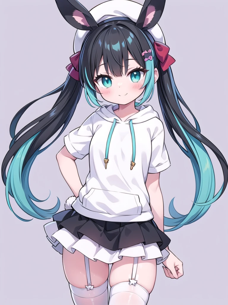 [[artist:chen_bin]], artist:wlop, [artist:kedama milk], artist:momoco, artist:ke-ta, artist:40hara, [artist:As109], artist:Torino, artist:ask(askzy), artist:ciloranko, [artist:sho_(sho_lwlw)], [artist:Rella], [[[artist:omone hokoma agm]]], 1girl, best quality, perfect hands, (black rabbit ears:1.5), (long rabbit ears:1.5), (rabbit girl:1.5), smile, (black hair:1.5), cyan streaked hair, cyan colored inner hair, very long hair, twintails, (red hair bow:1.3), cyan eyes, hair ornament, (white hoodie with cyan:1.5), short sleeves, black pleated skirt, very short skirt, (white thighhighs:1.5), (white garter straps:1.5), (white beret:1.5), blush