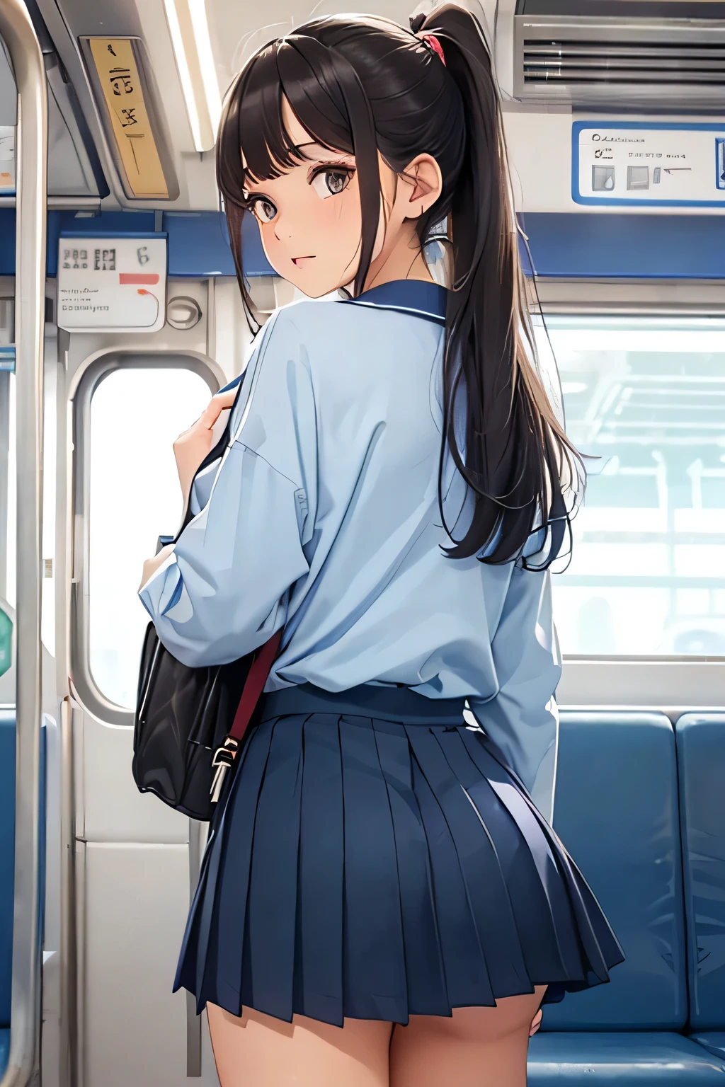 highest quality、High resolution、Detailed Background、(Beautiful face in every detail:1.4)、Anatomically correct、(Draw the usual number of fingers:1.2)、(Detailed facial expressions)、(Detailed eyes:1.2)、(Detailed eyes:1.2)、Beautiful, smooth skin、age beauty、(Highly detailed face:1.4)、Huge breasts、Cute color hair color、ponytail、well-groomed eyebrows、Perfect body line、In a crowded train、Sailor suit、Light blue sailor collar、Pleated skirt、White knee-high socks、A cute beautiful girl commuting to school by train、Super close-up of a sexy nape from directly behind、Close-up of the nape from directly behind