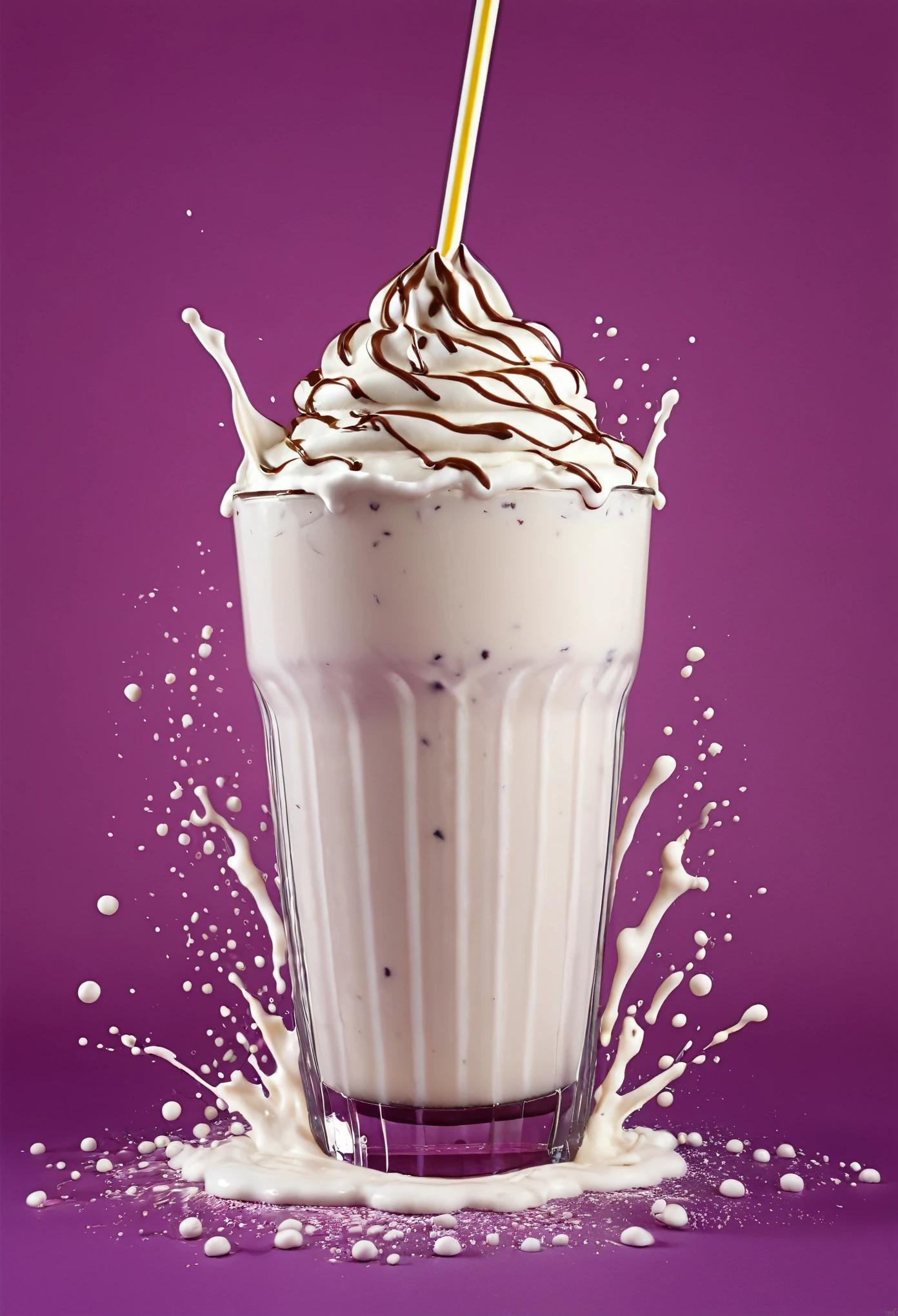 hyper realistic real life art - 1 milk shake on a 2-color background with a big and taste explosion of milk behind