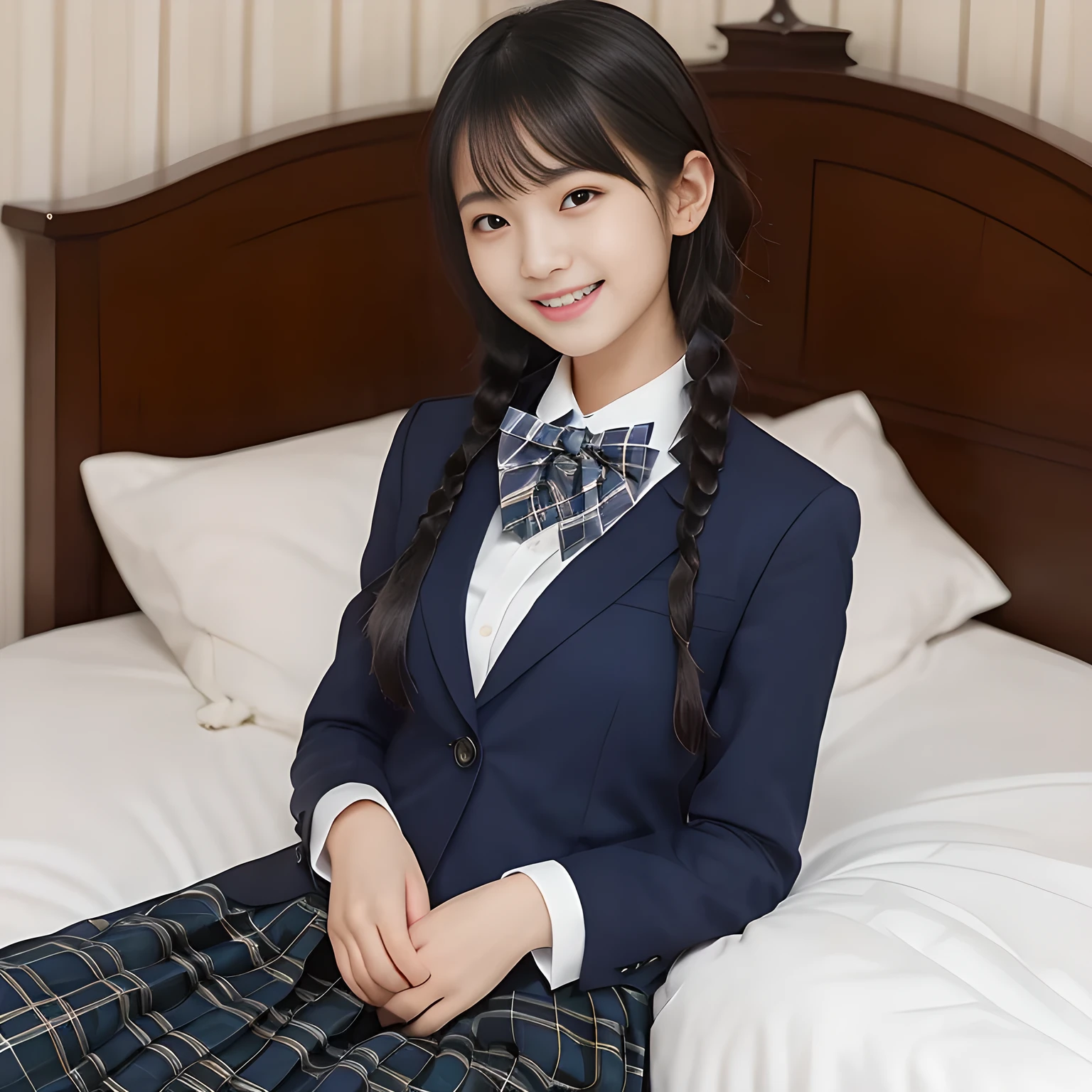 (highest quality、masterpiece:1.2)、highest quality、Realistic、photograph、High resolution、1080p、8K、Physical Rendering、((Height: 158cm)), two Japanese girls、((((((A 16 year old beautiful Japanese magazine fashion model is lying on her bed looking at the viewer)))))), , (((big very detailed beautiful dark brown eyes))), ((((laughing at me!)))), detailed fingers, (((curled blunt bangs))), ((Very large and cute eyes, carefully drawn with great attention to detail)), ((double eyelids)), (((long eyelashes))), ((cute lovely lovely laughing laughing cheeks)), ((The pure white light hits my nose and cheeks.、Her eyes and white facial skin shine beautifully white.)), (((((Her facial features are very expressive lovely smile, very sweet, very very sweet))))), (((Shooting from the side))), ((((impressive plain navy large school ribbon bow tie in plain)))), ((((black very beautiful and very very long braids)))), (((((blue and navy colored tartan checkered formal long pleated pleated skirt))))), (((A formal dark blue blazer in solid that is slightly oversized and with a golden emblem))), ((As elegant as a noble princess)), (((Pure white bedroom)))